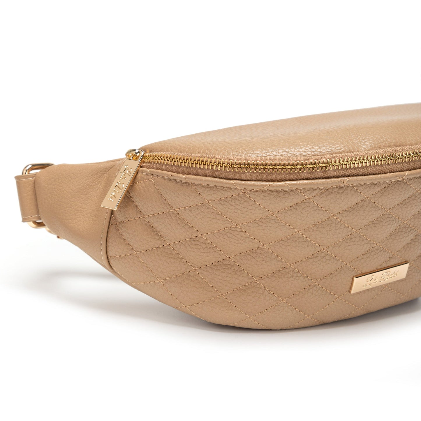 Beige quilted waist bag with gold zipper and accents on a white background