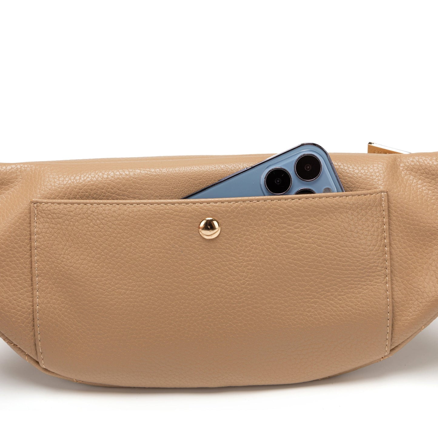 Beige waist bag with a phone inside on a white background