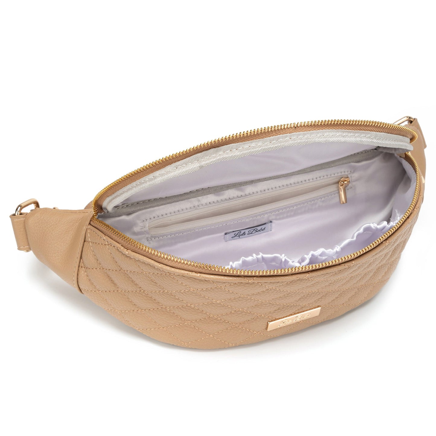 Beige waist bag with a visible brand label on a white background