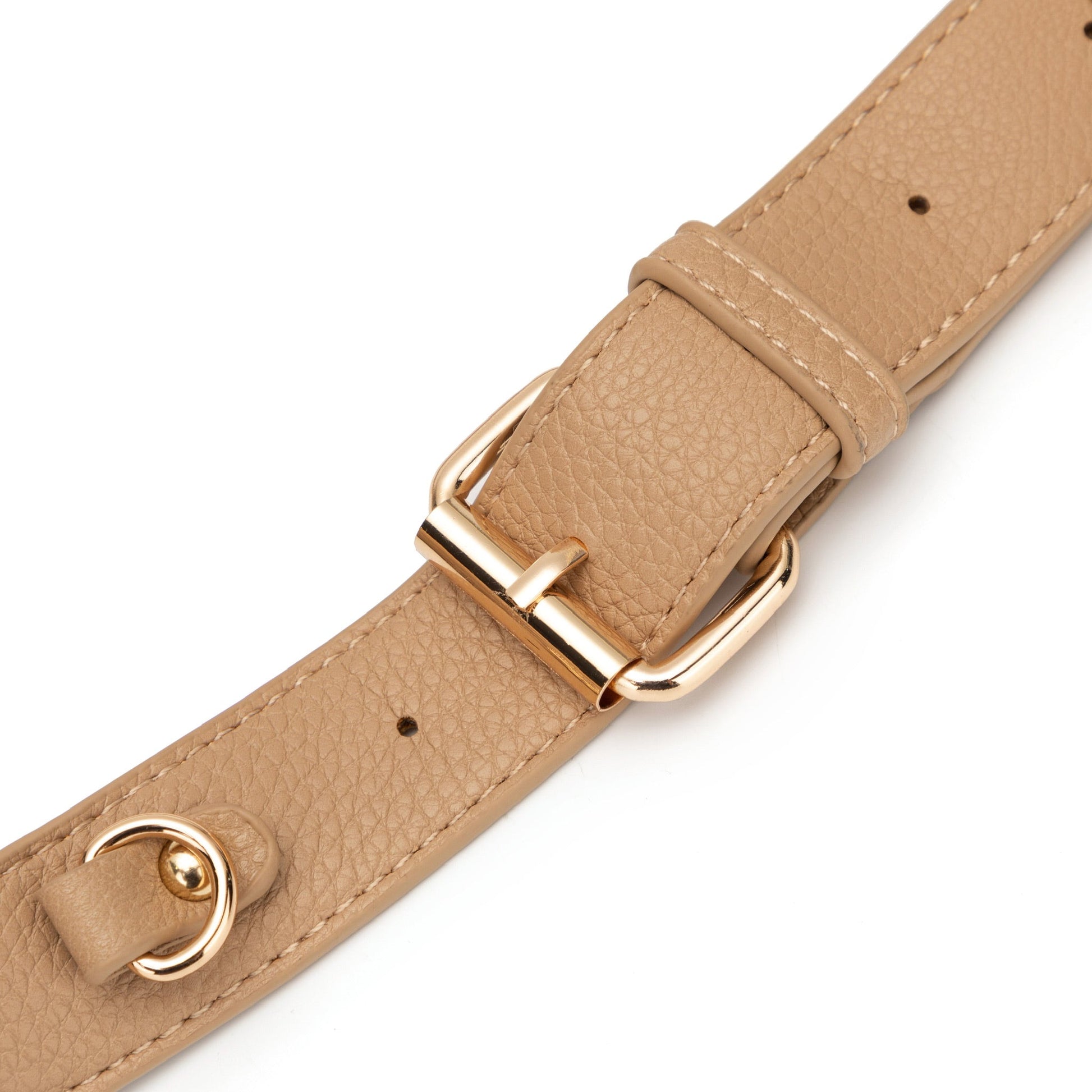 Beige leather belt with gold buckle on a white background