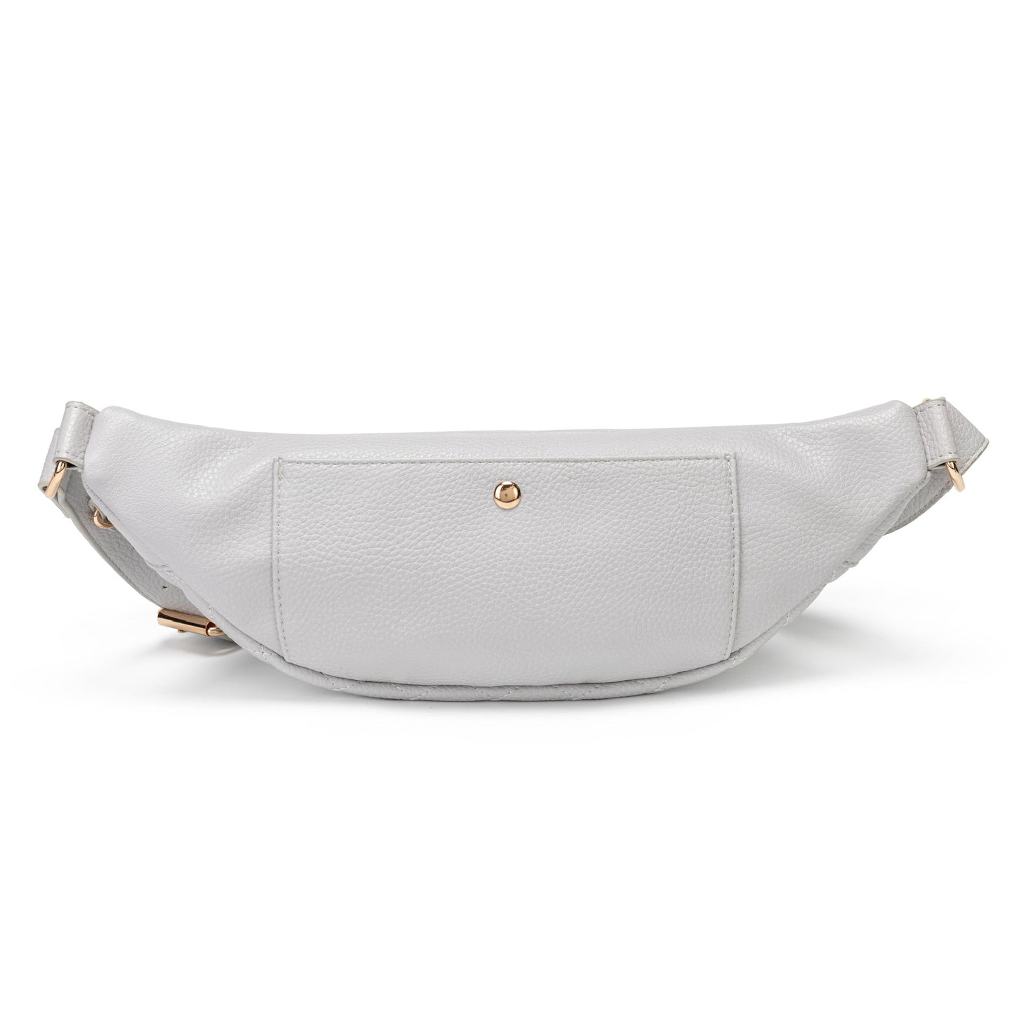 Light gray waist bag with gold accents on a white background