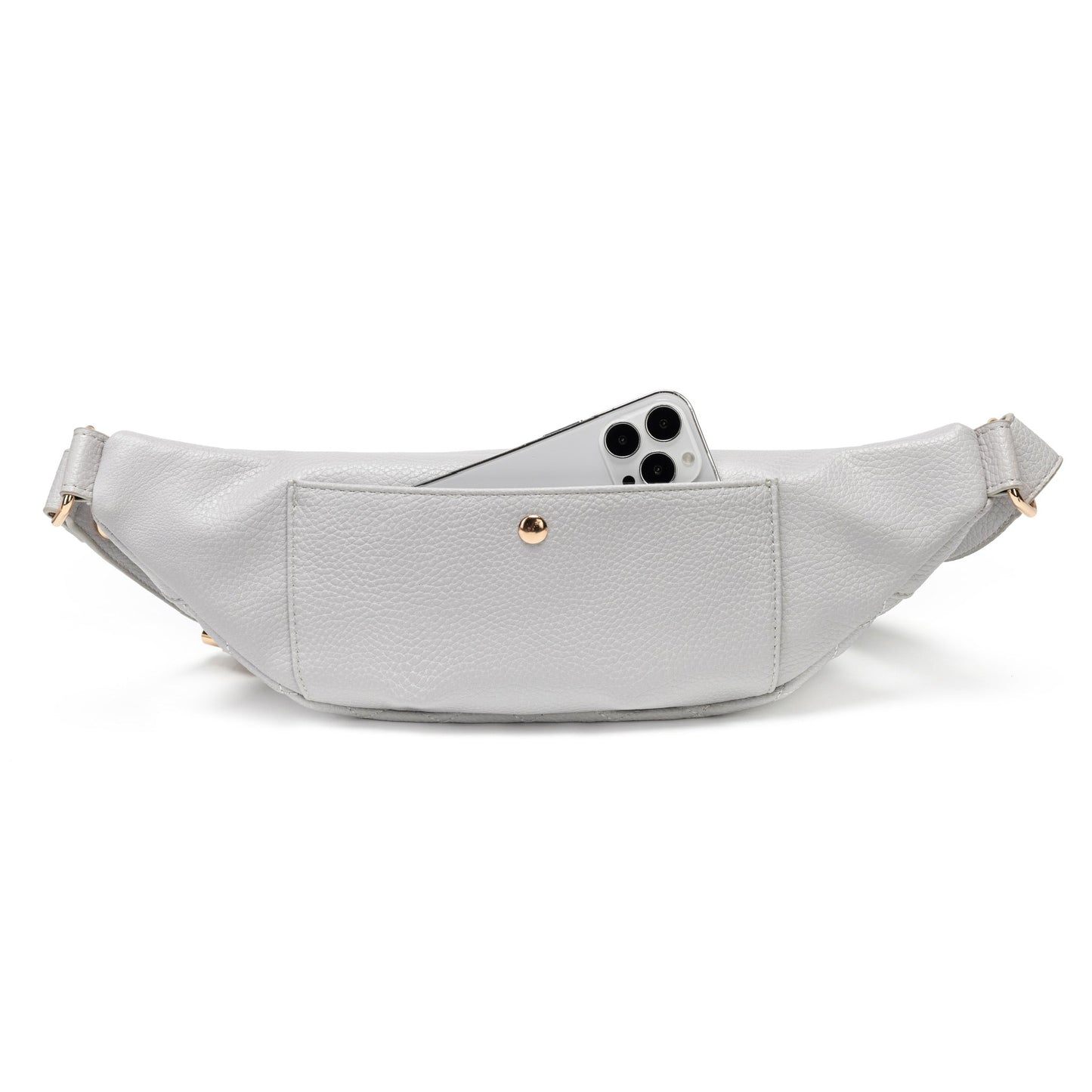 Gray waist bag with a phone inside on a white background