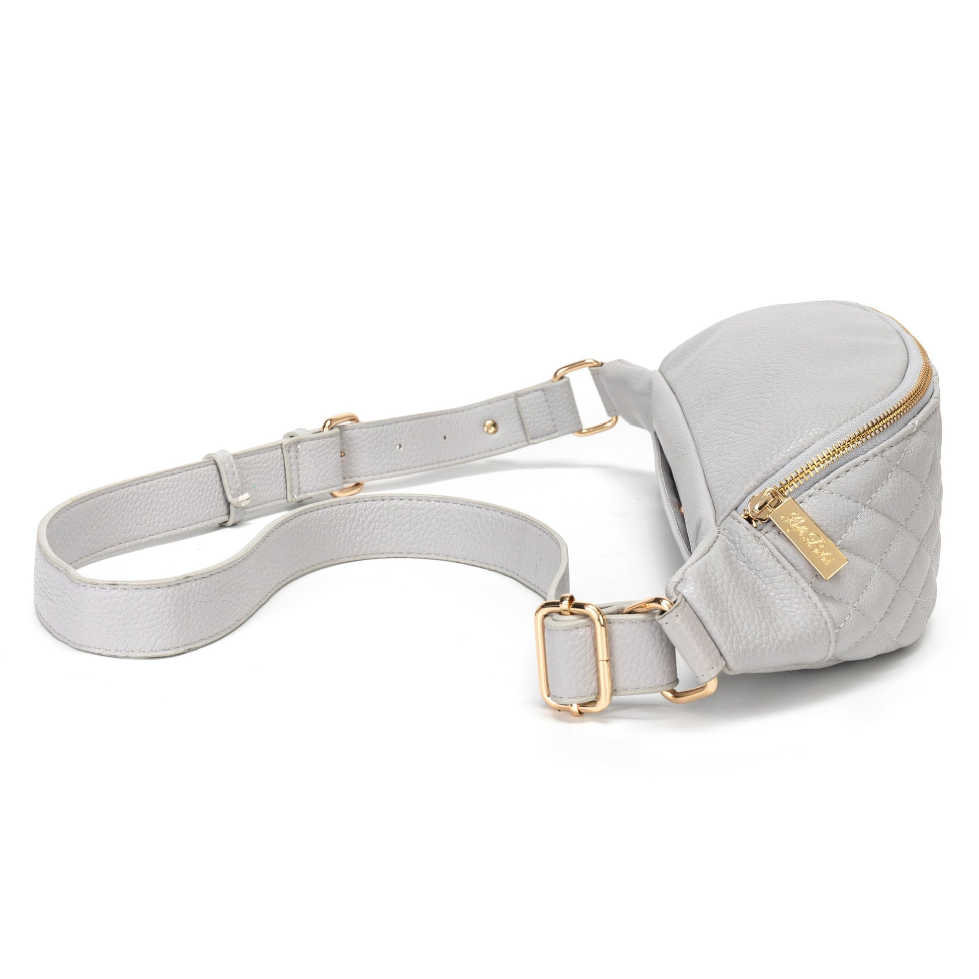 Light gray waist bag with gold zippers and buckles on a white background