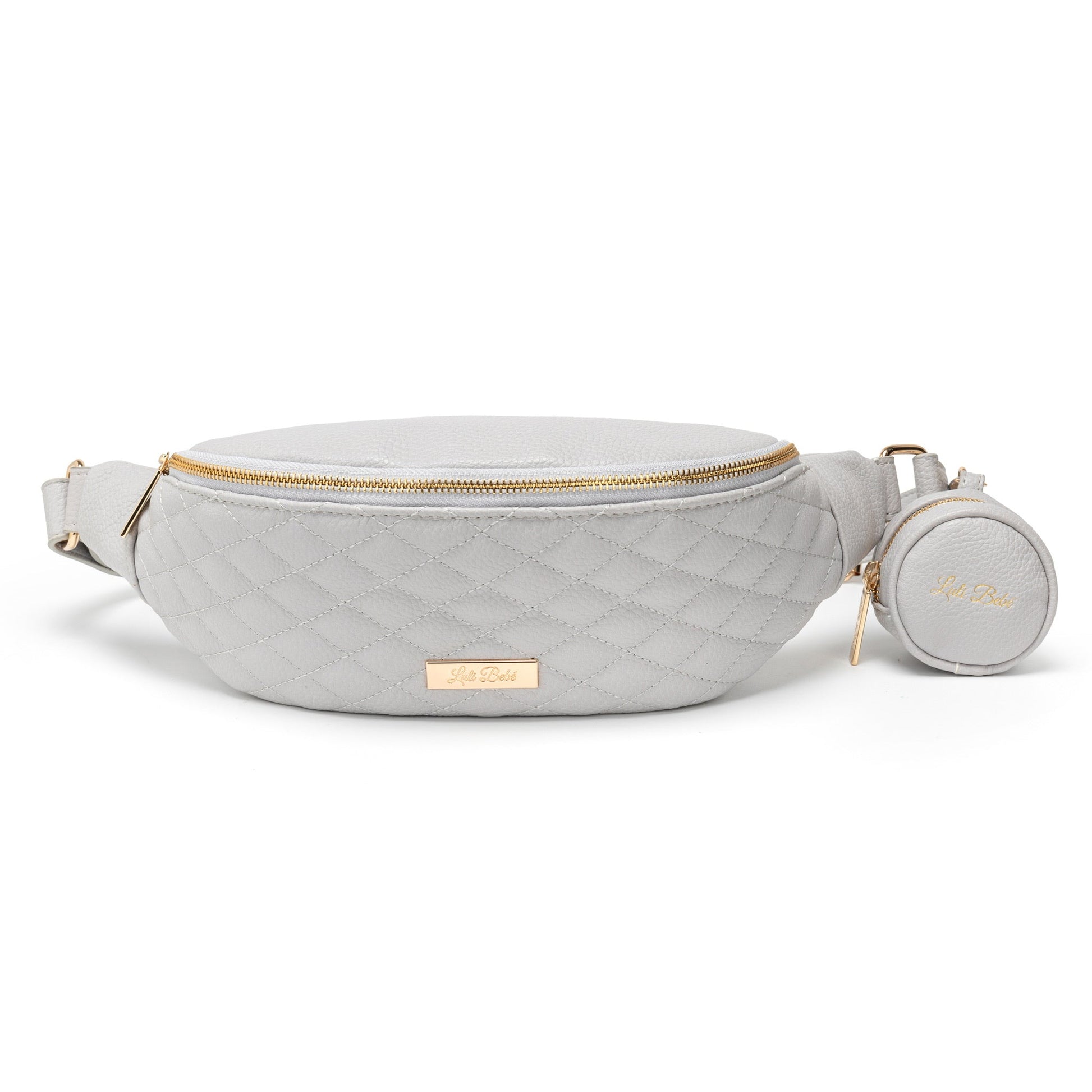 Gray quilted fanny pack with gold zipper and matching round pouch on a white background