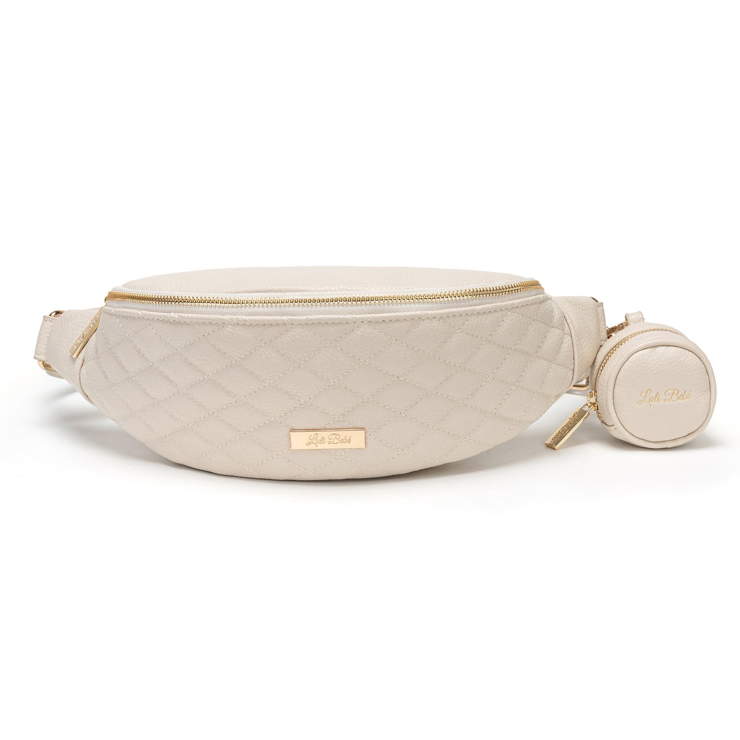 Beige fanny pack with gold zipper and matching pouch on a white background