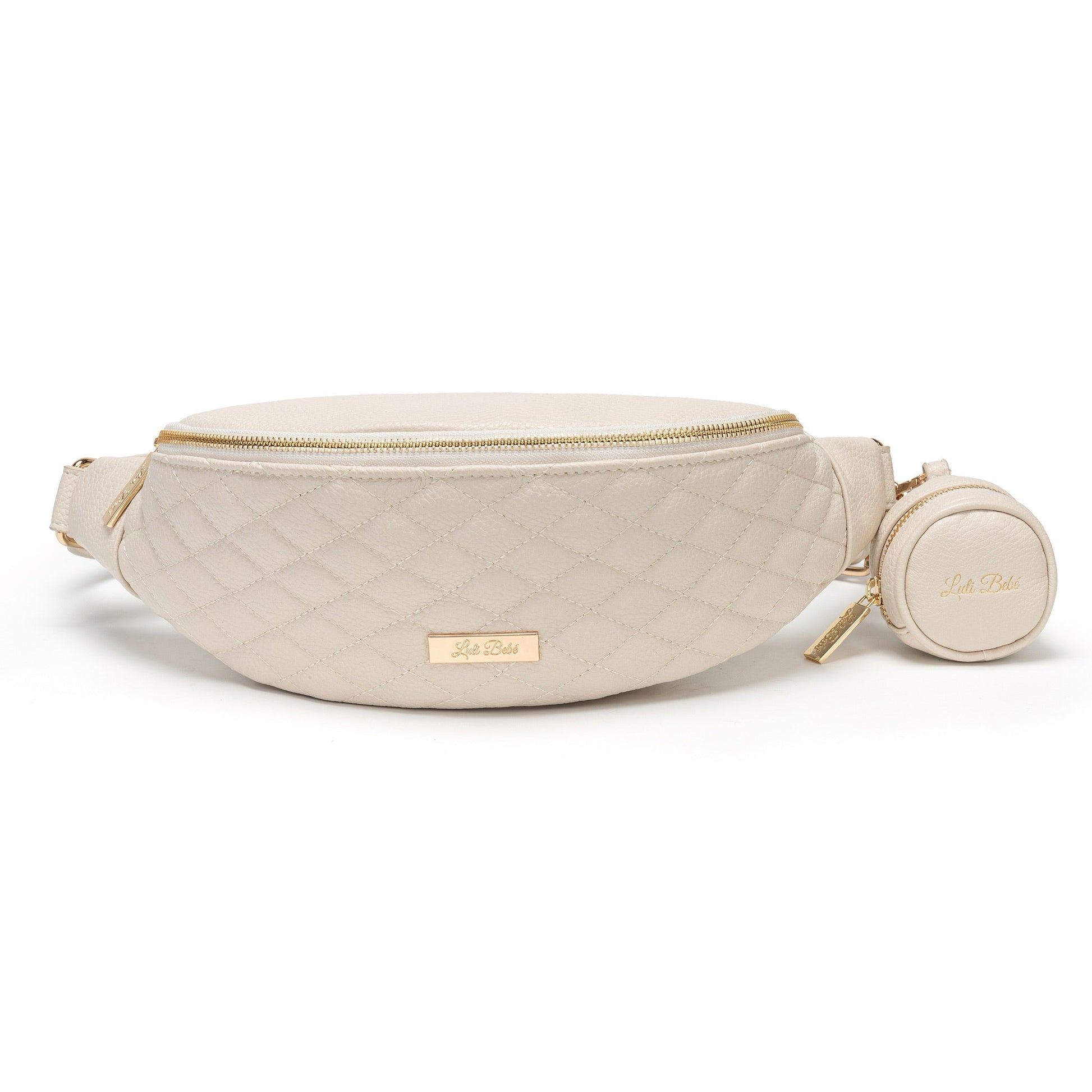 Beige fanny pack with gold zipper and matching pouch on a white background