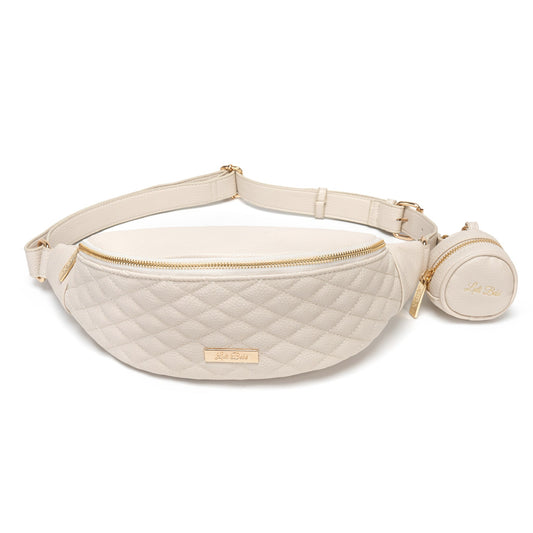 Beige quilted waist bag with a matching round pouch on a white background