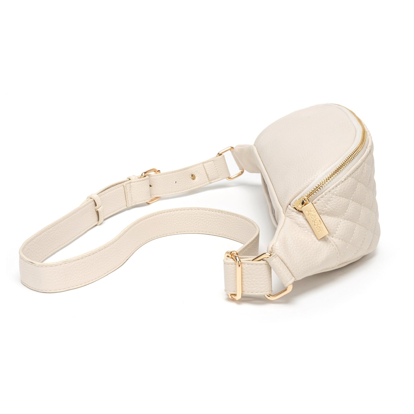 Beige quilted waist bag with gold zippers on a white background