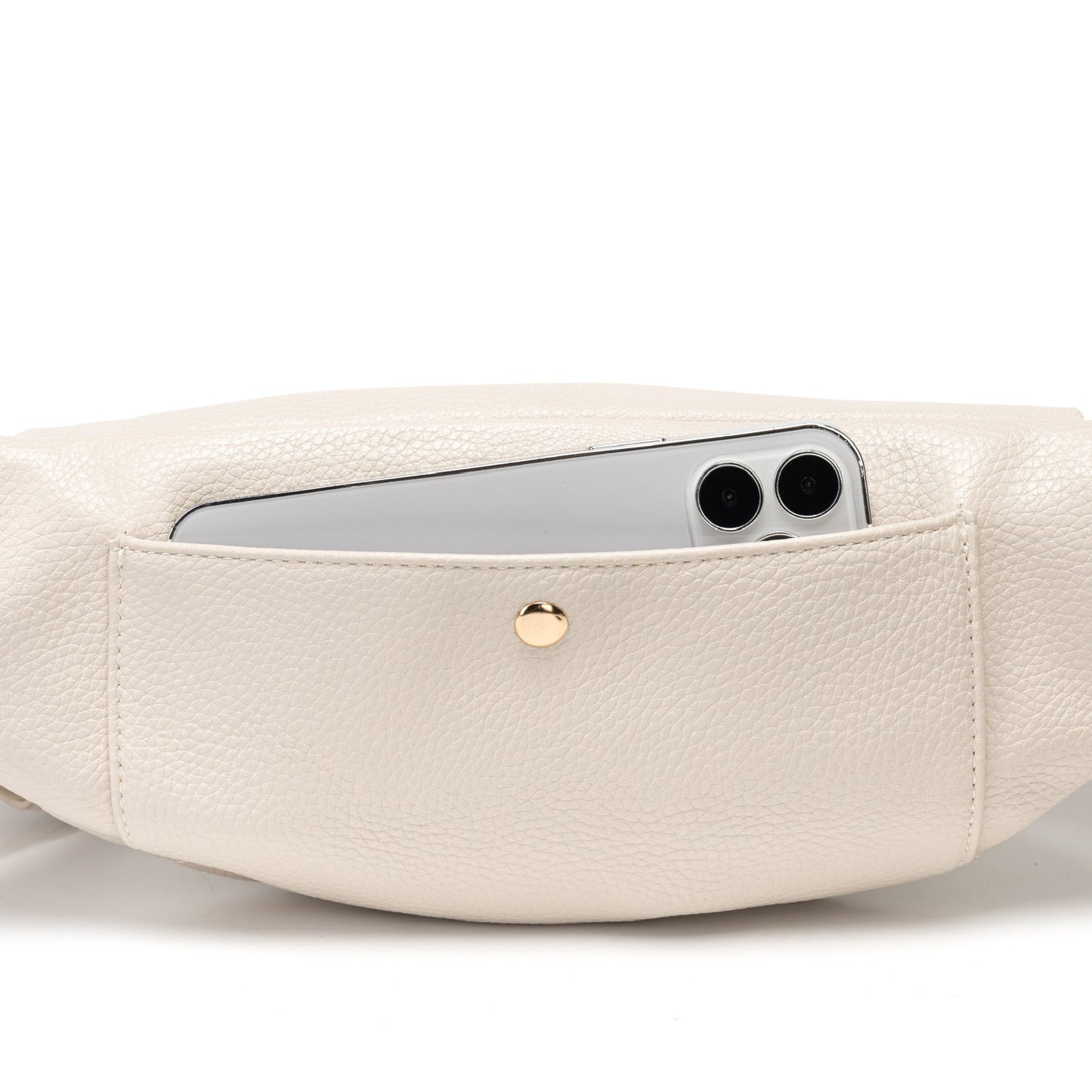 Beige phone case with a pocket holding a smartphone on a white background