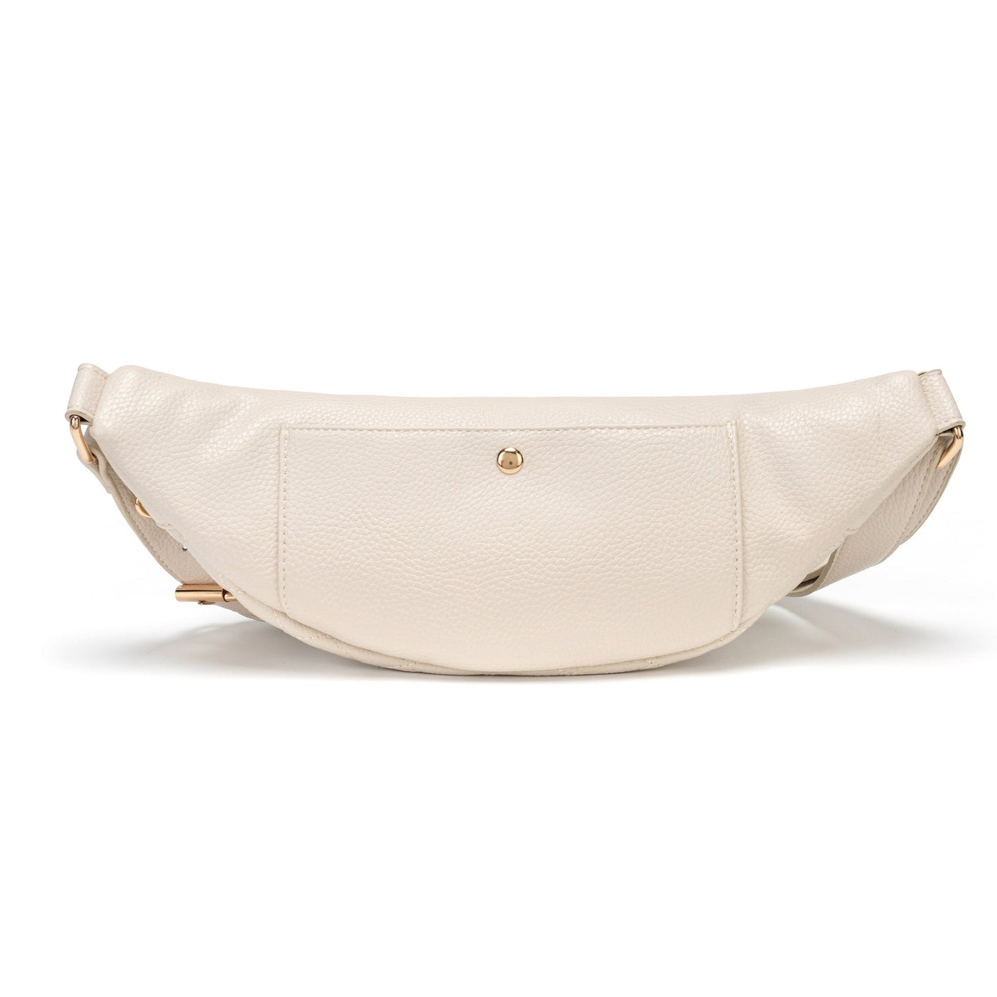 Beige half-moon bag with gold accents on a white background