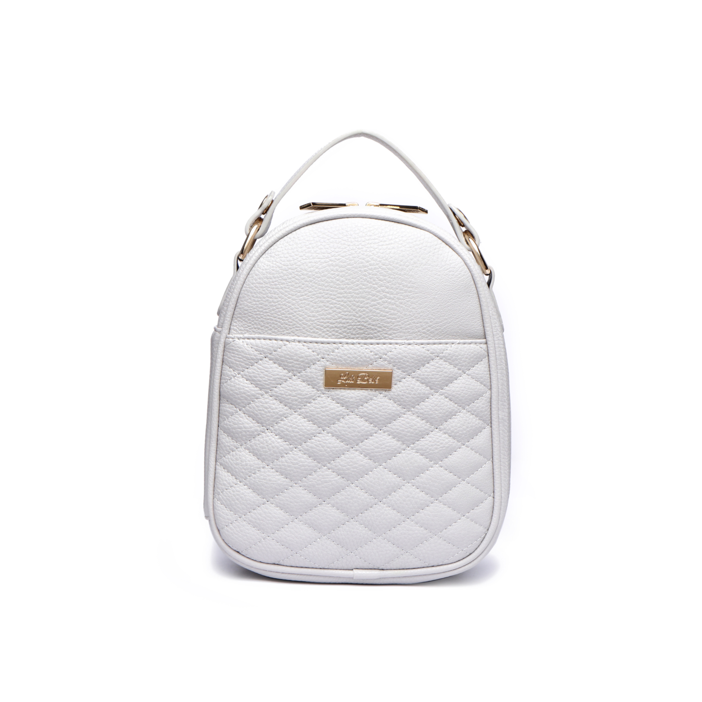 White quilted backpack with gold accents on a white background
