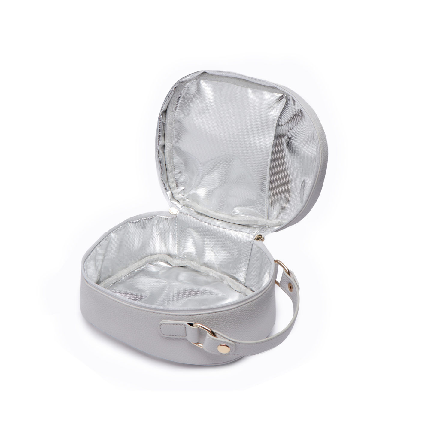 Silver makeup case with open lid on a white background