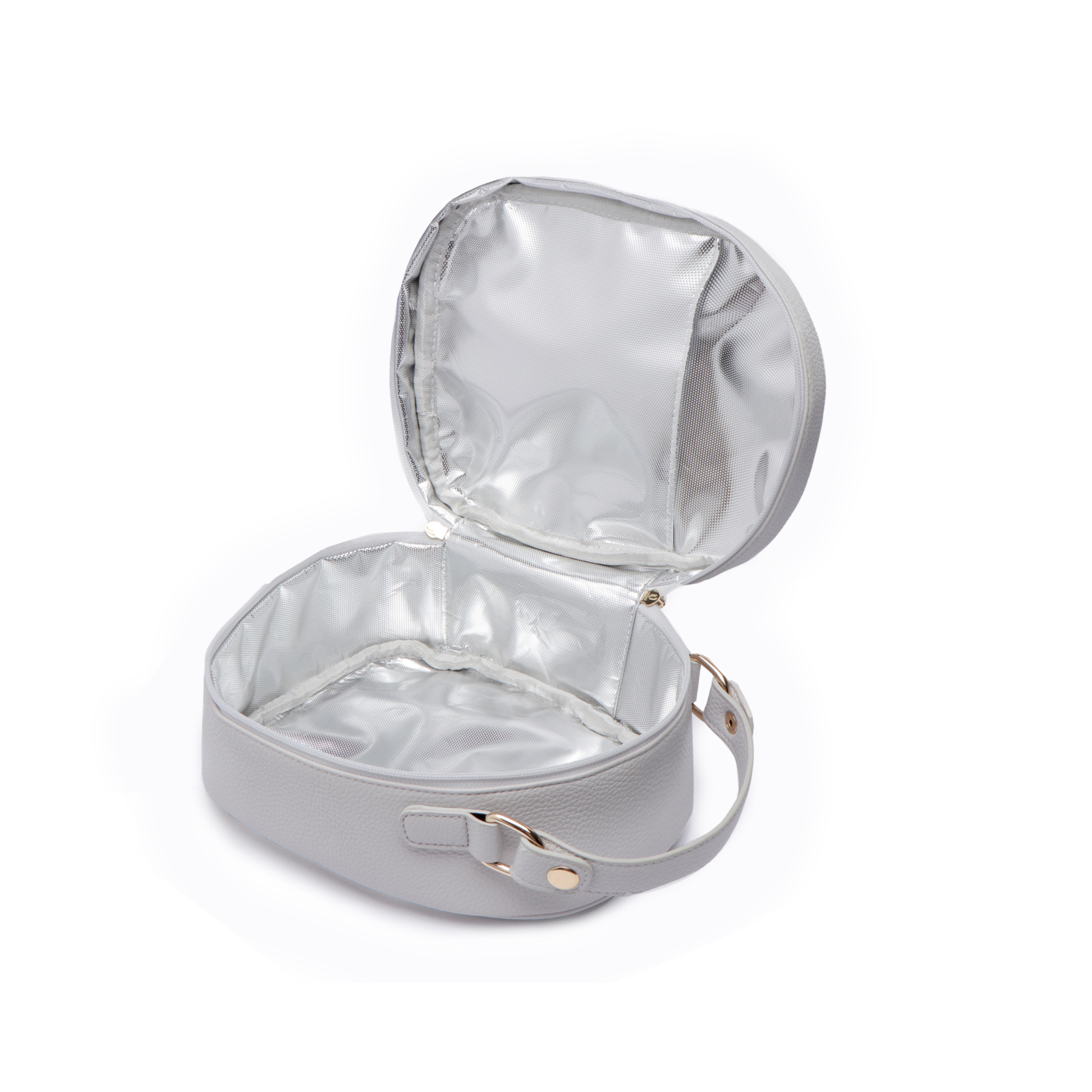 Silver makeup case with open lid on a white background