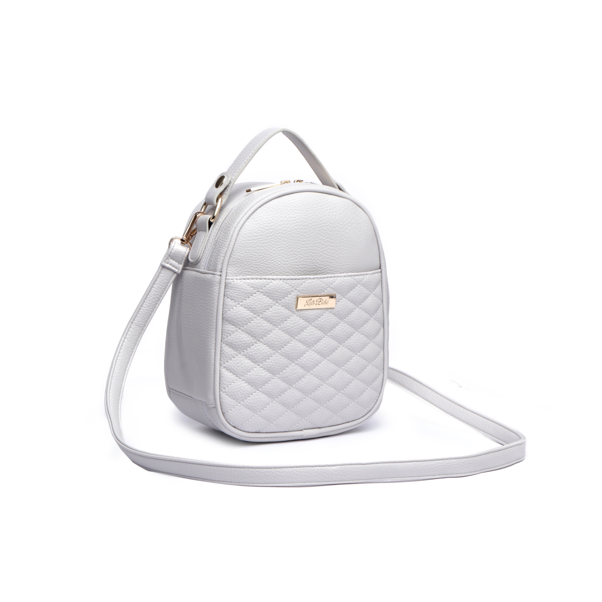 White quilted handbag with a strap on a white background