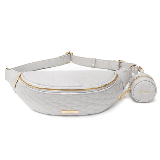 Light gray waist bag with gold zipper and matching pouch on a white background