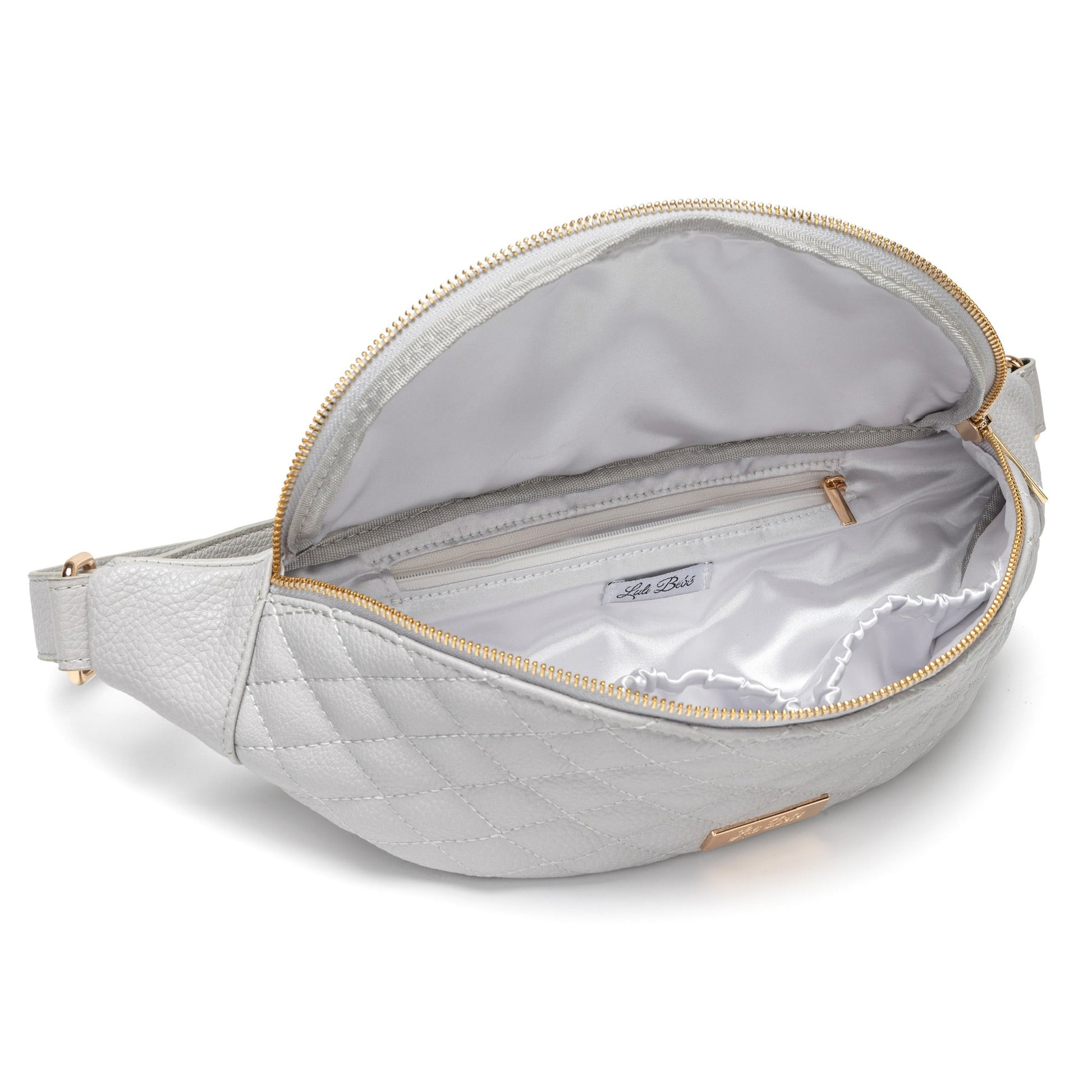 Light gray waist bag with gold zipper on a white background