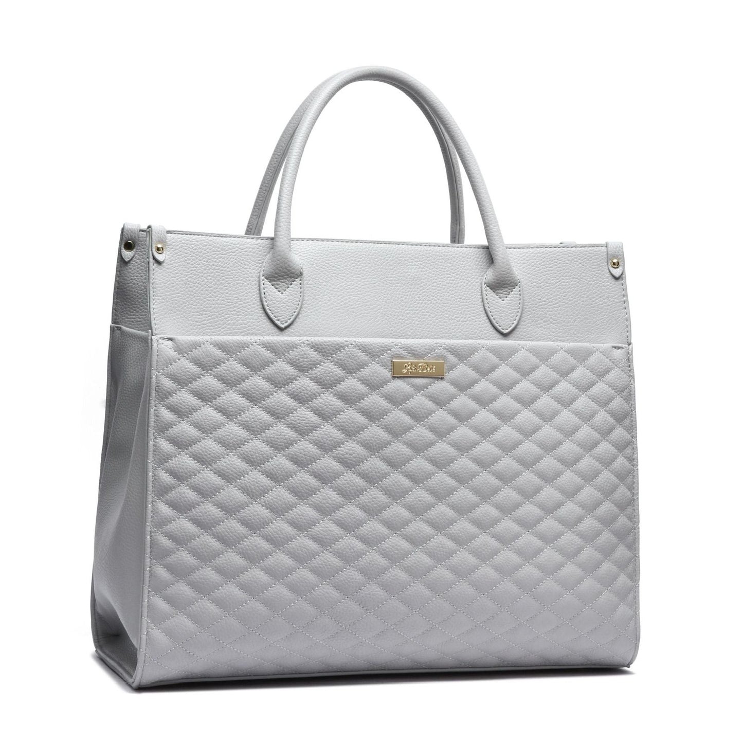 Quilted gray handbag on a white background