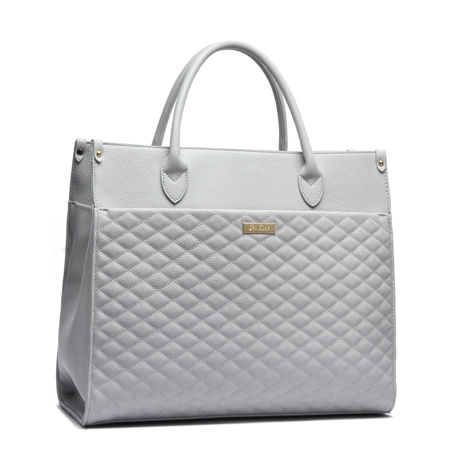 Quilted gray handbag on a white background