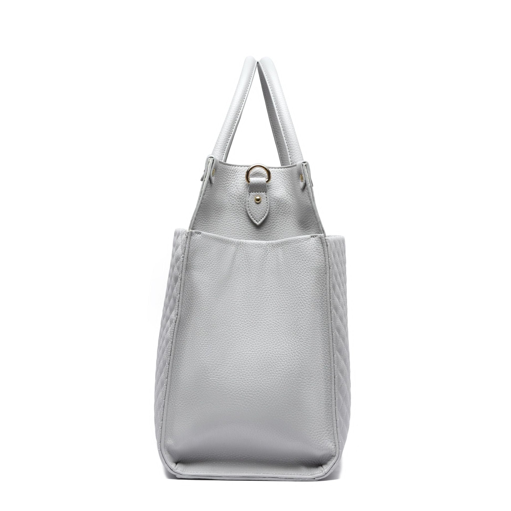 Silver tote bag with a strap on a white background