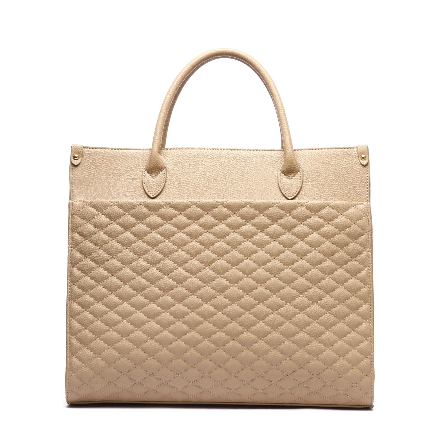 Beige quilted handbag on a white background
