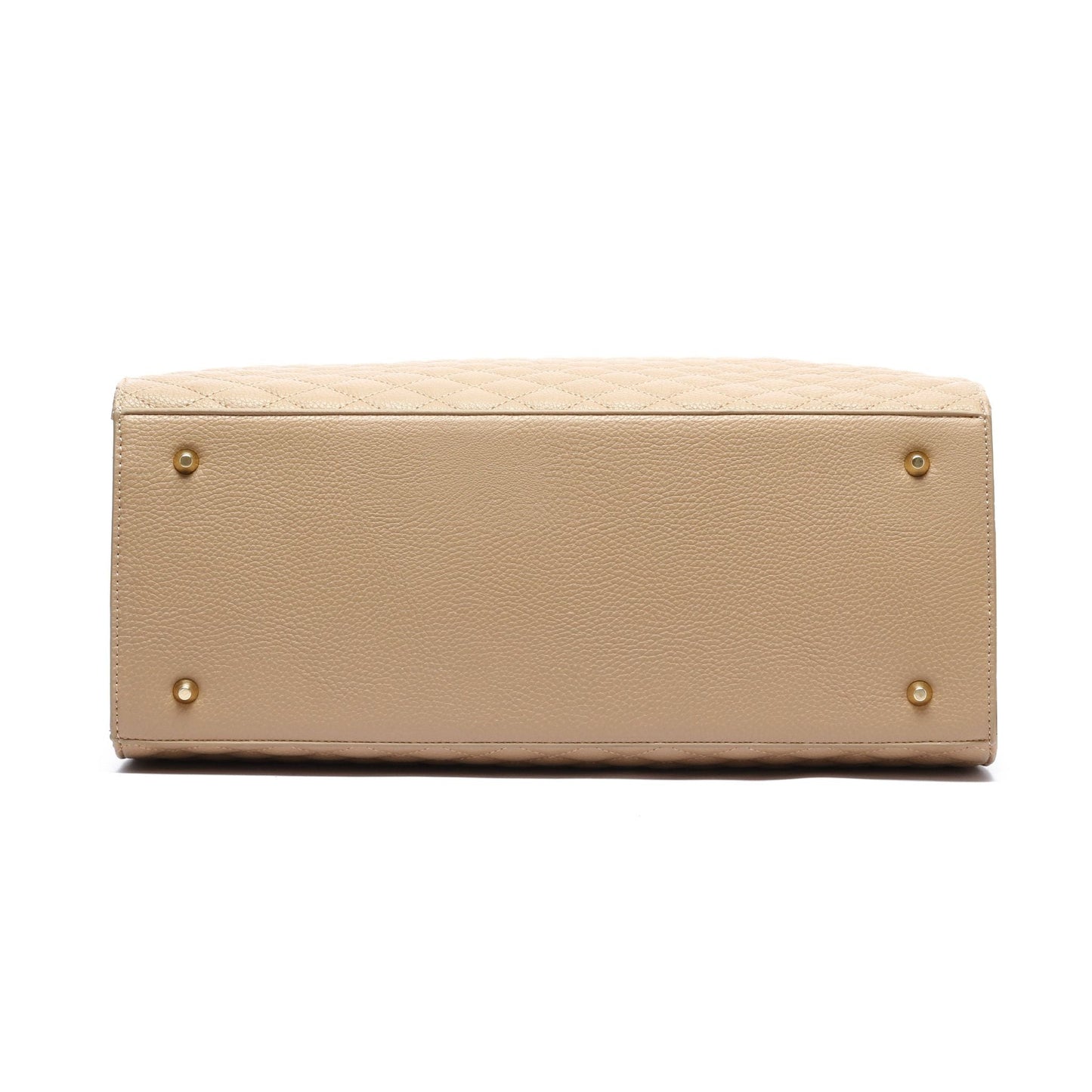 Beige handbag with gold hardware on a white background
