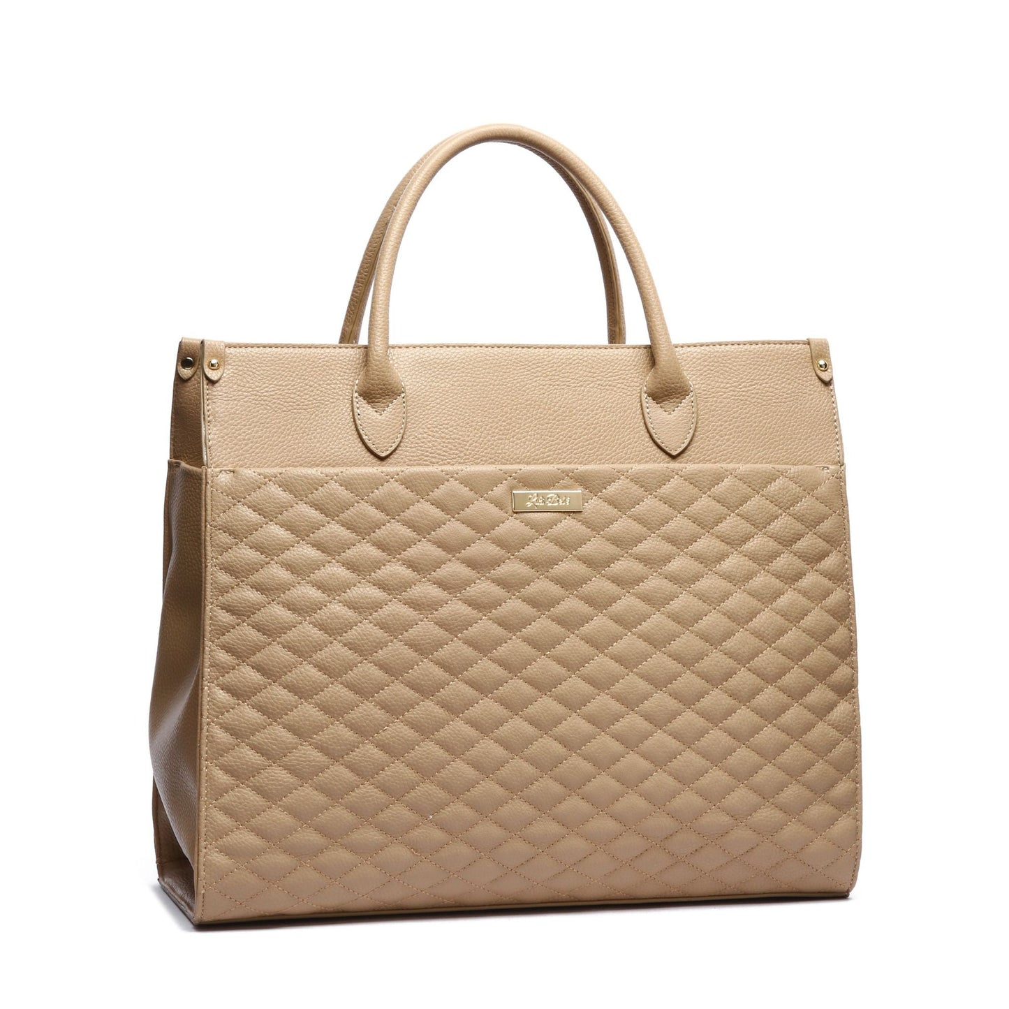 Beige quilted handbag on a white background
