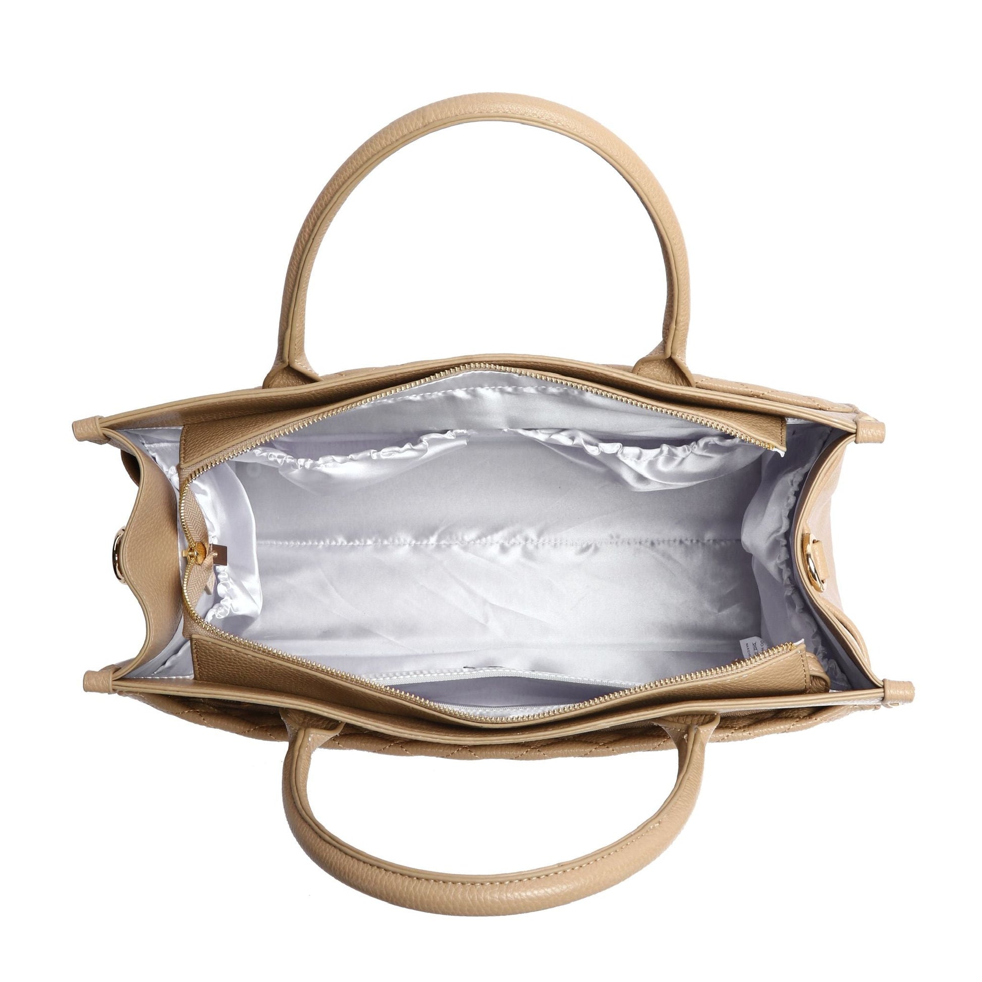 Beige handbag with silver interior on a white background