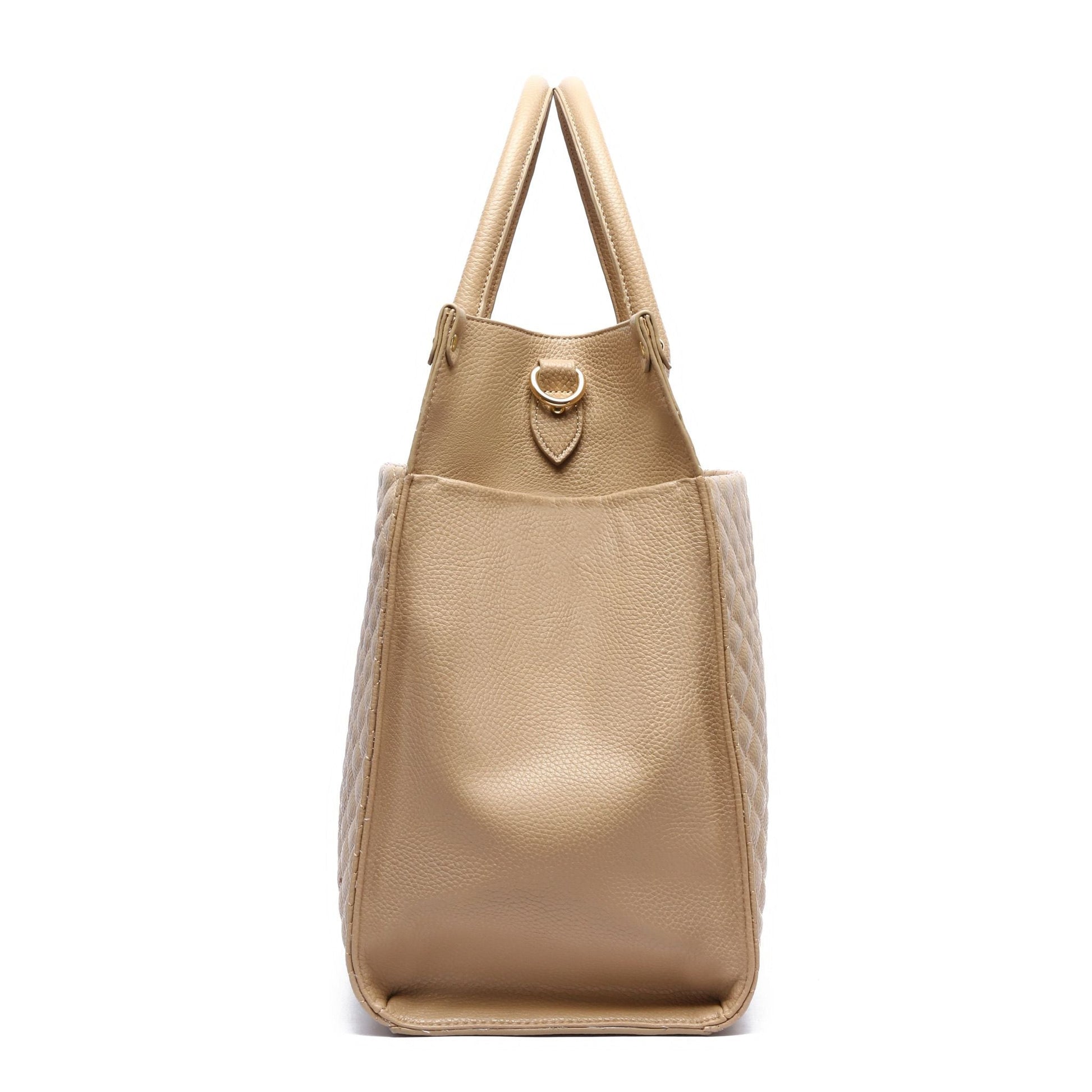 Beige handbag with a gold clasp on a white background