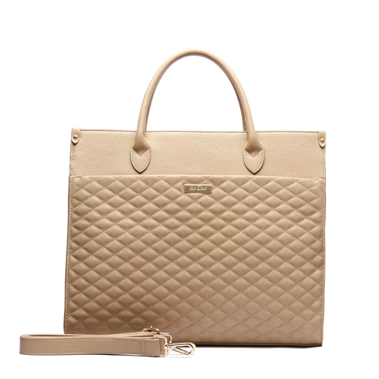 Beige quilted handbag with a strap on a white background