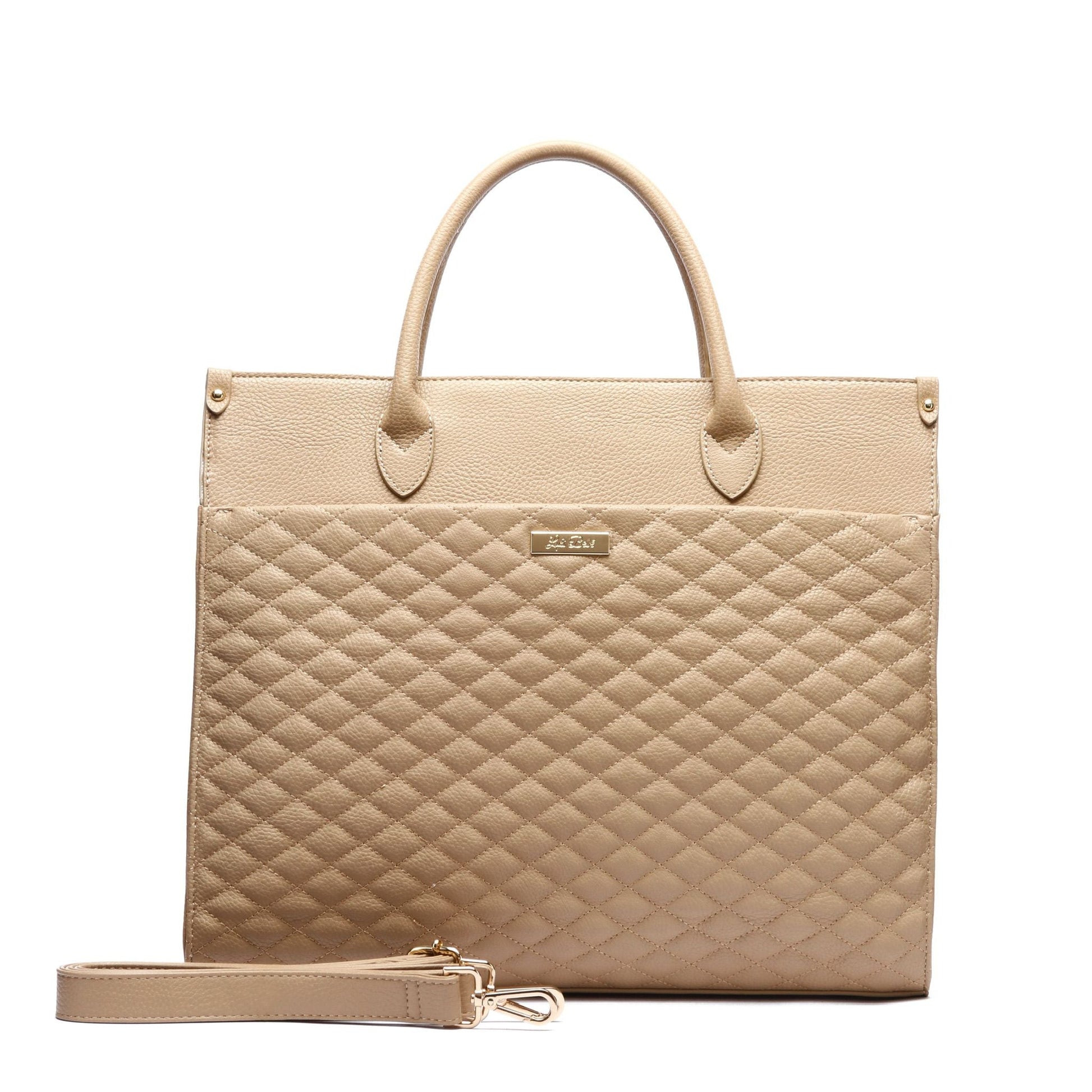 Beige quilted handbag with a strap on a white background