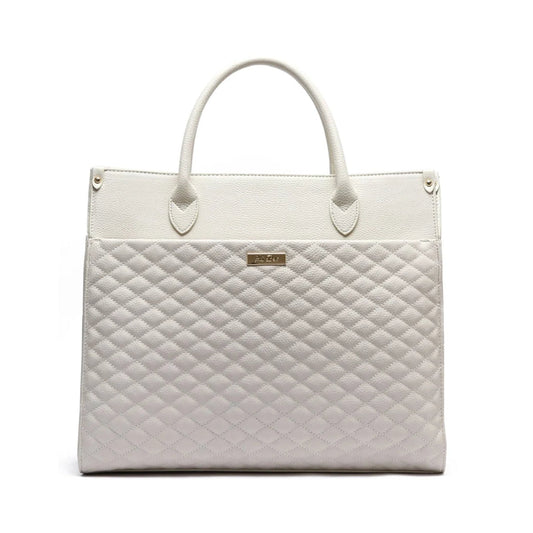 White quilted handbag with a brand label on a white background