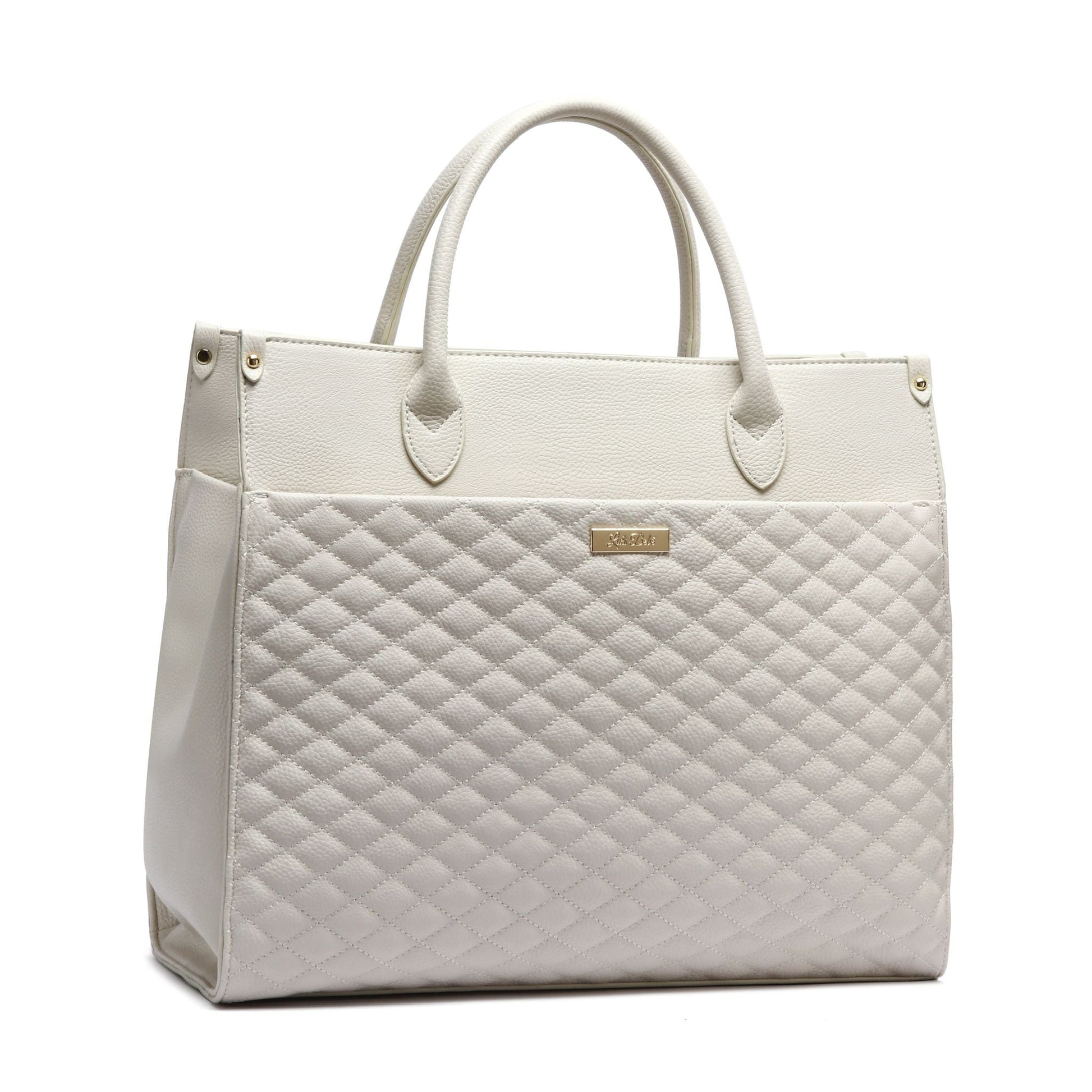 White quilted handbag with a visible brand logo on a white background
