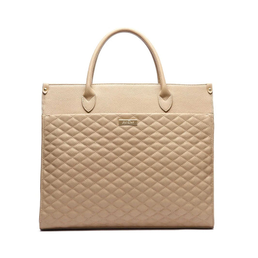 Beige quilted handbag on a white background
