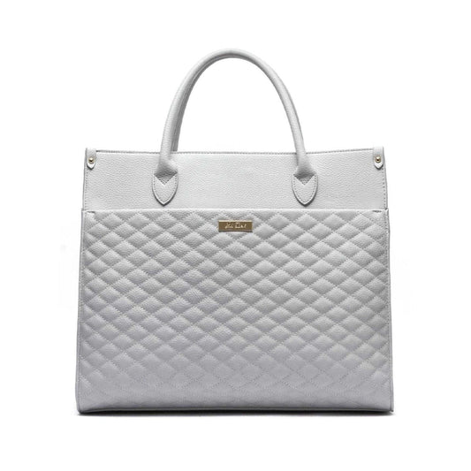 Quilted gray handbag with a visible brand logo on a white background