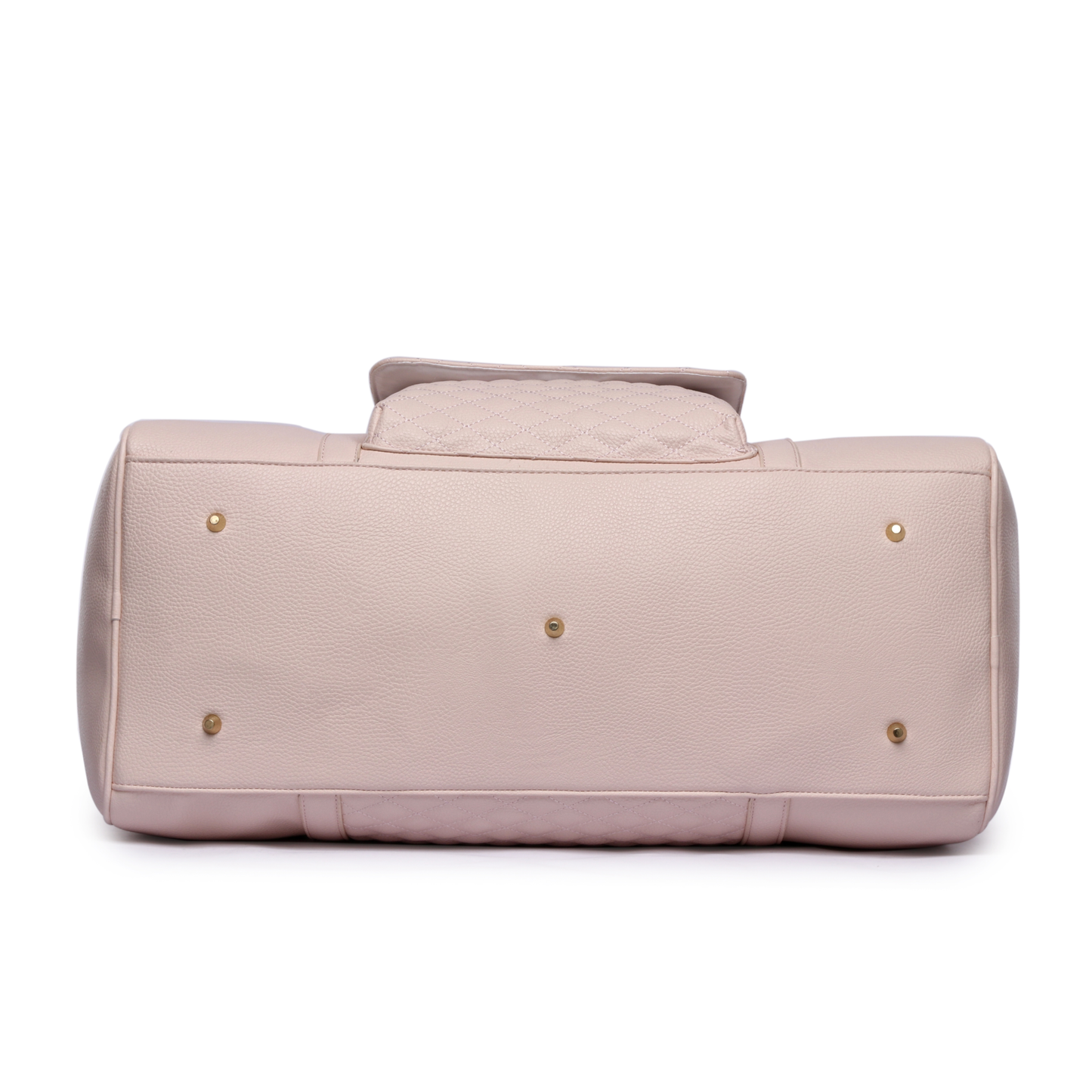 Pink handbag with gold accents on a white background
