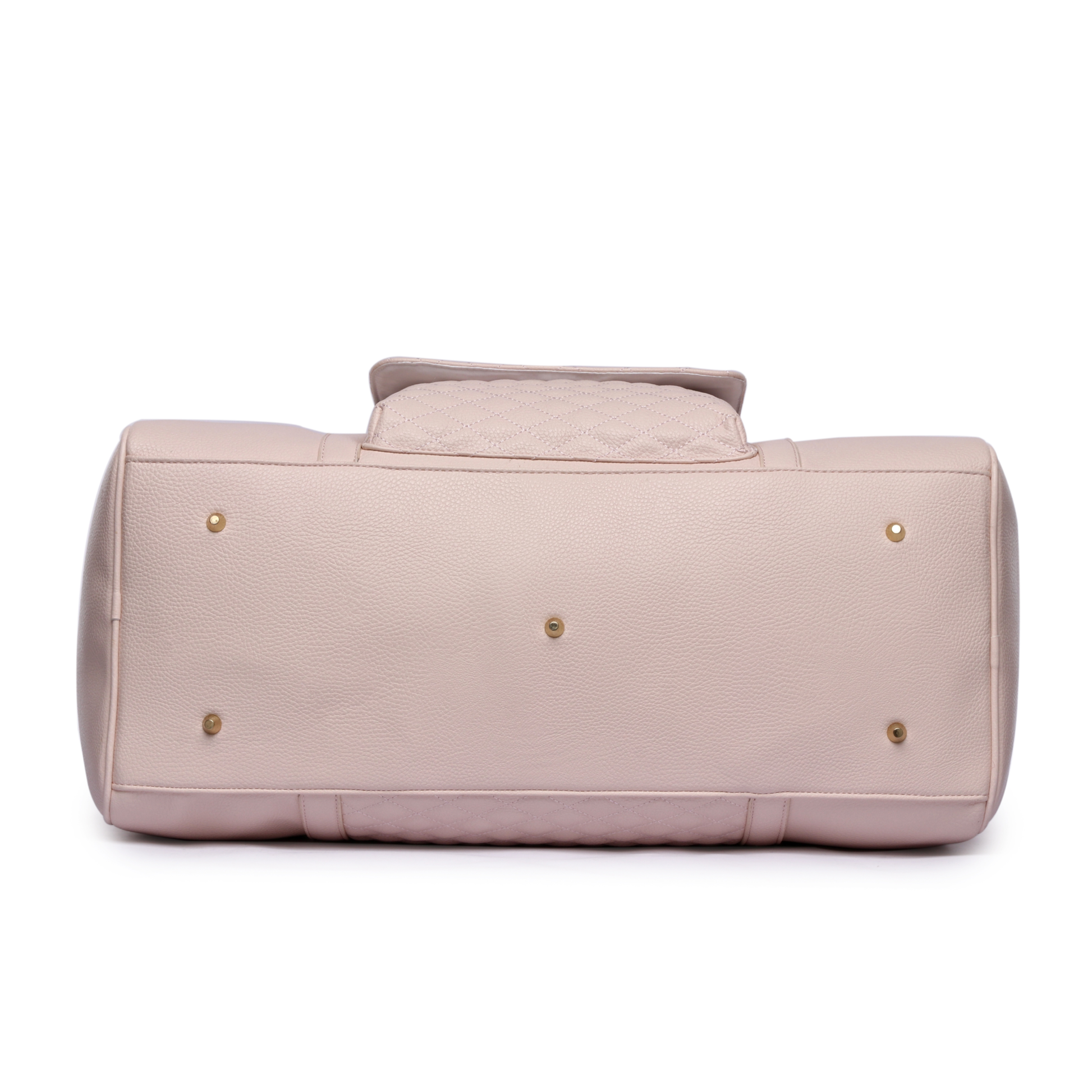 Pink handbag with gold accents on a white background
