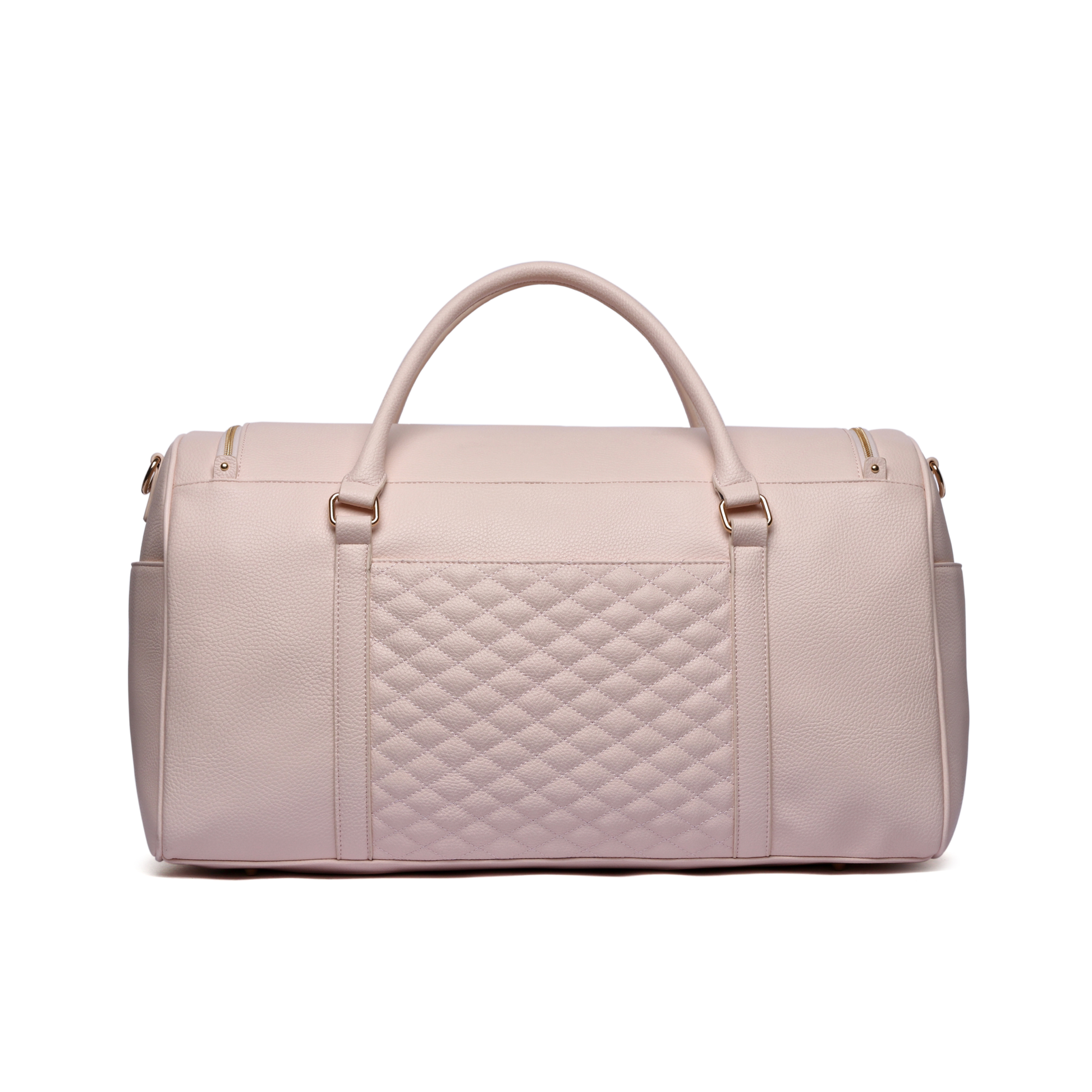 Quilted pink duffel bag on a white background