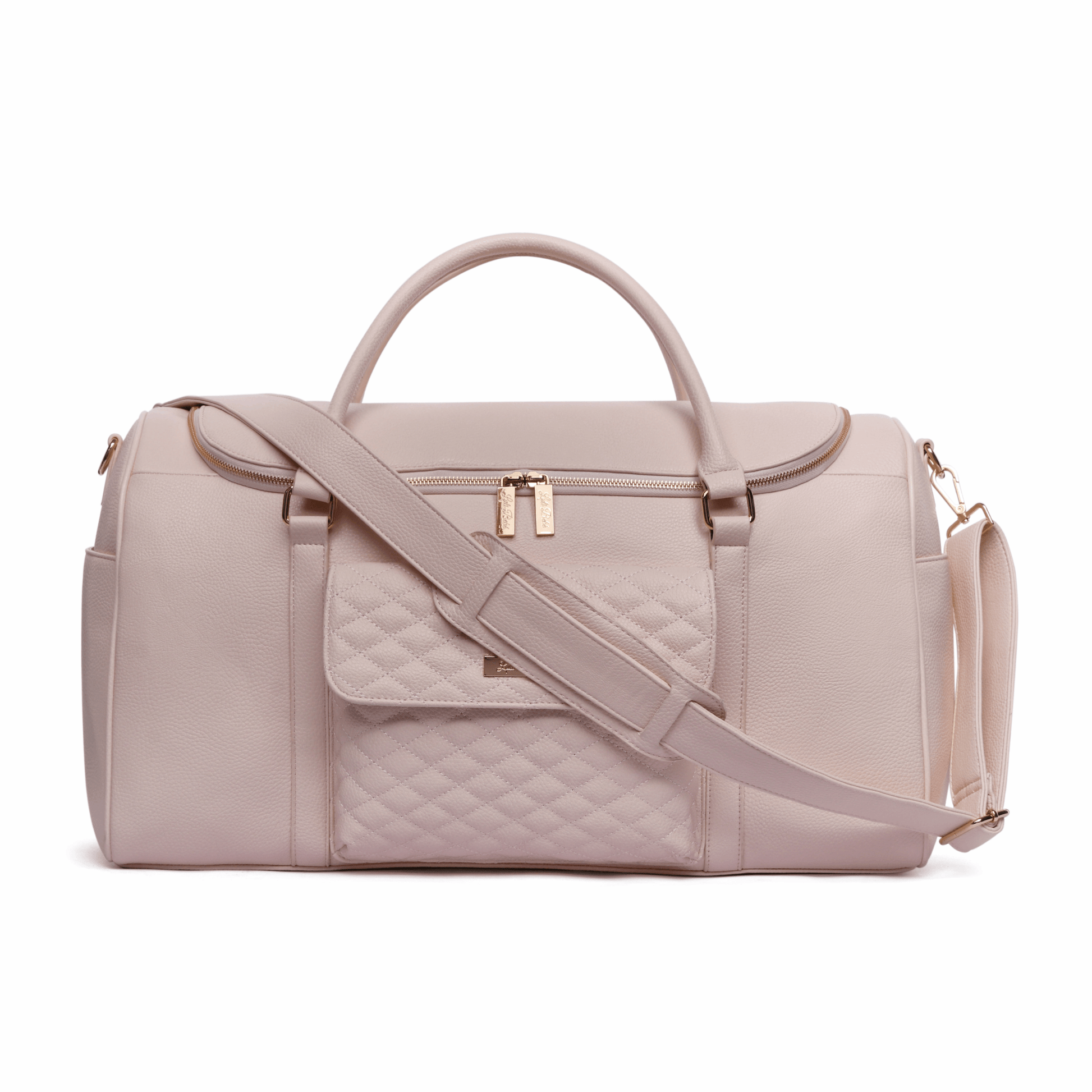Pink duffel bag with quilted design and gold accents on a white background
