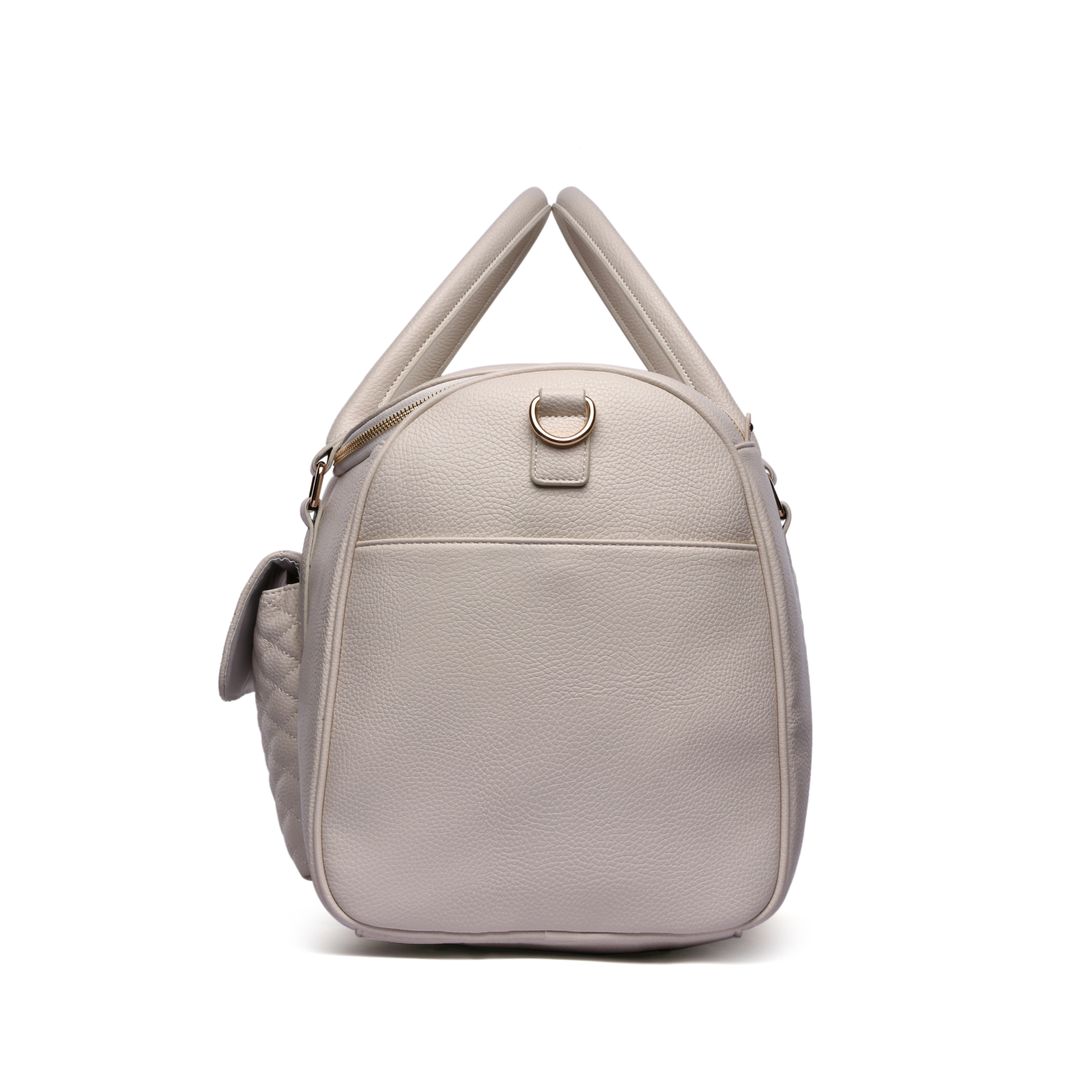 Light gray handbag with a gold zipper on a white background