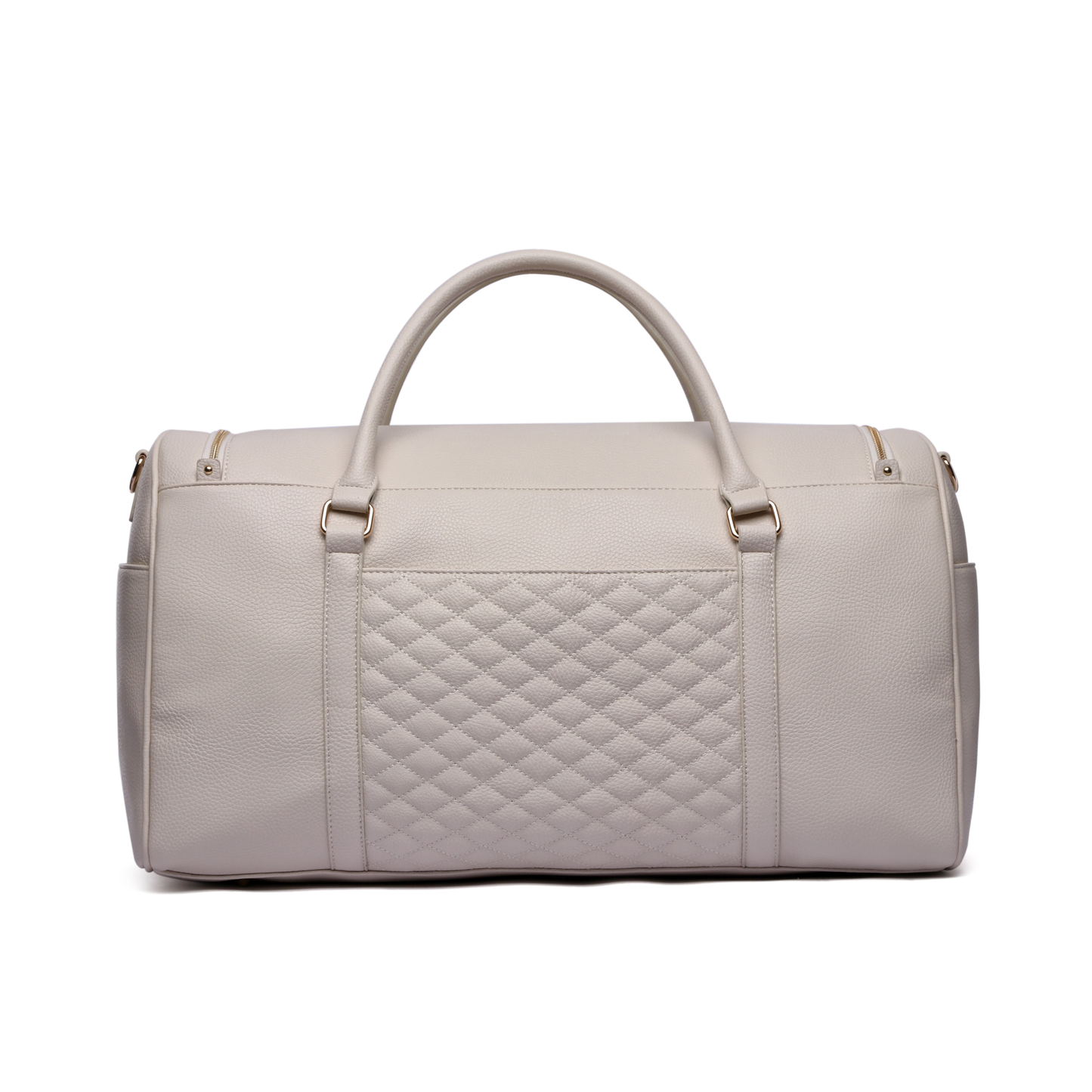 Light gray duffel bag with quilted pattern on a white background