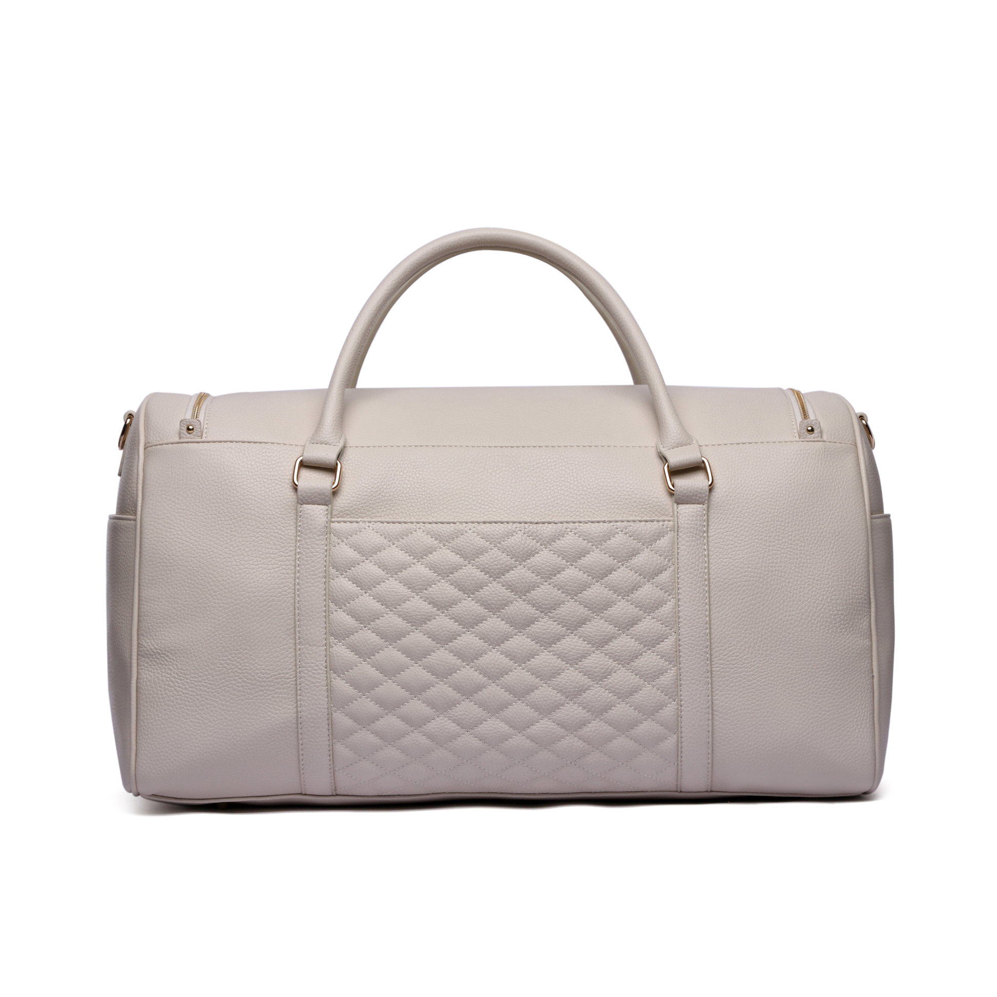 Light gray duffel bag with quilted pattern on a white background