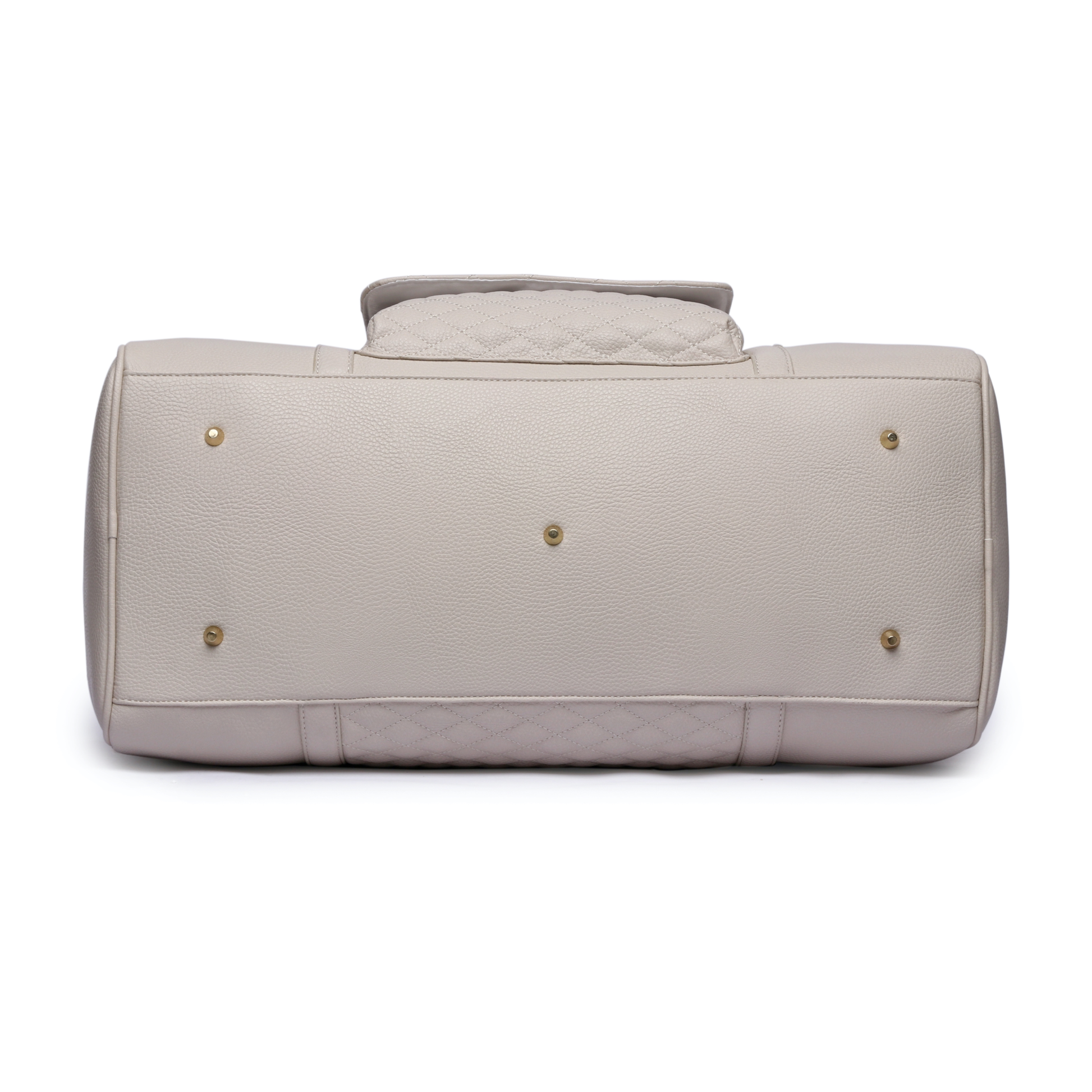 Light gray quilted handbag with gold hardware on a white background