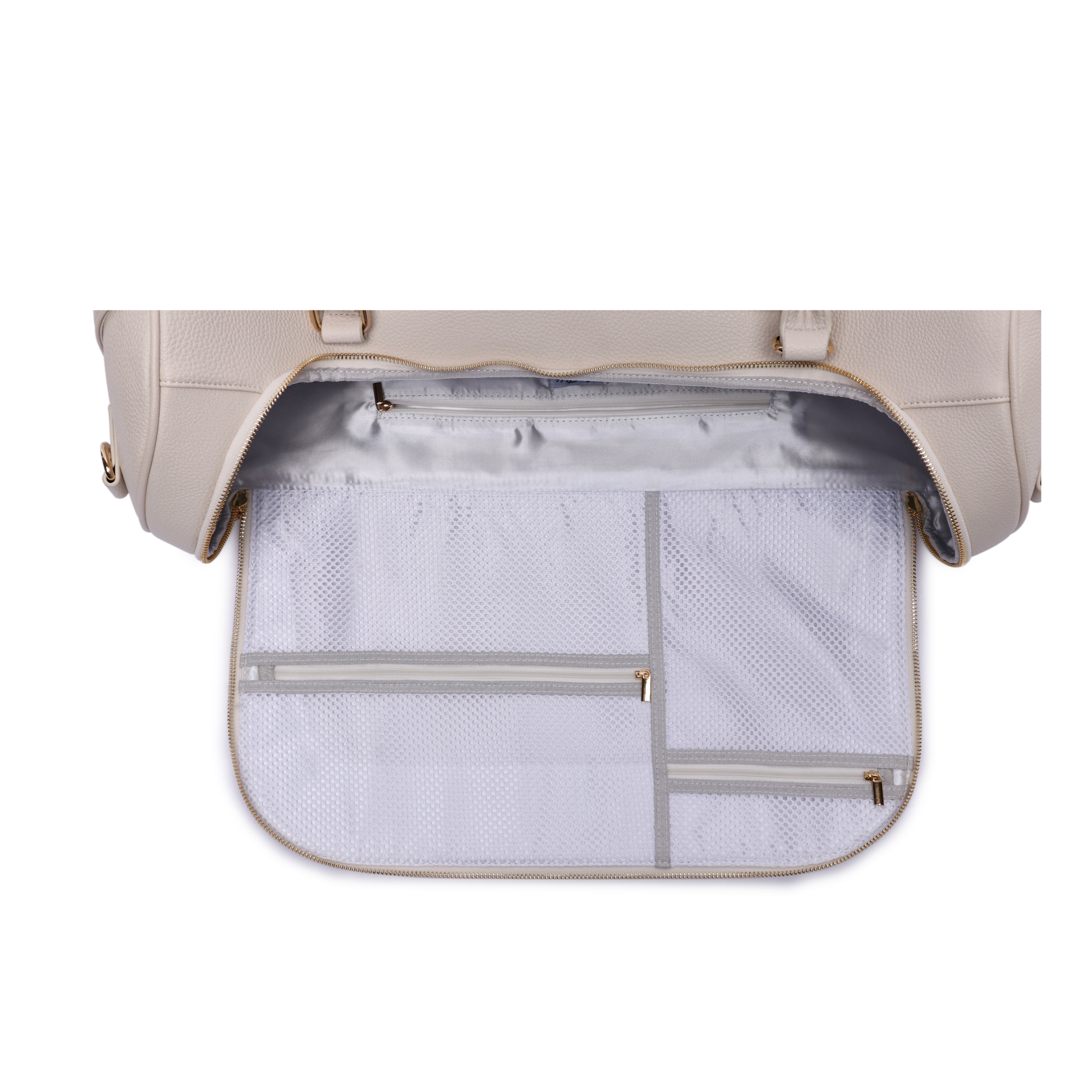 Beige backpack with open compartment showing interior mesh pocket on a white background