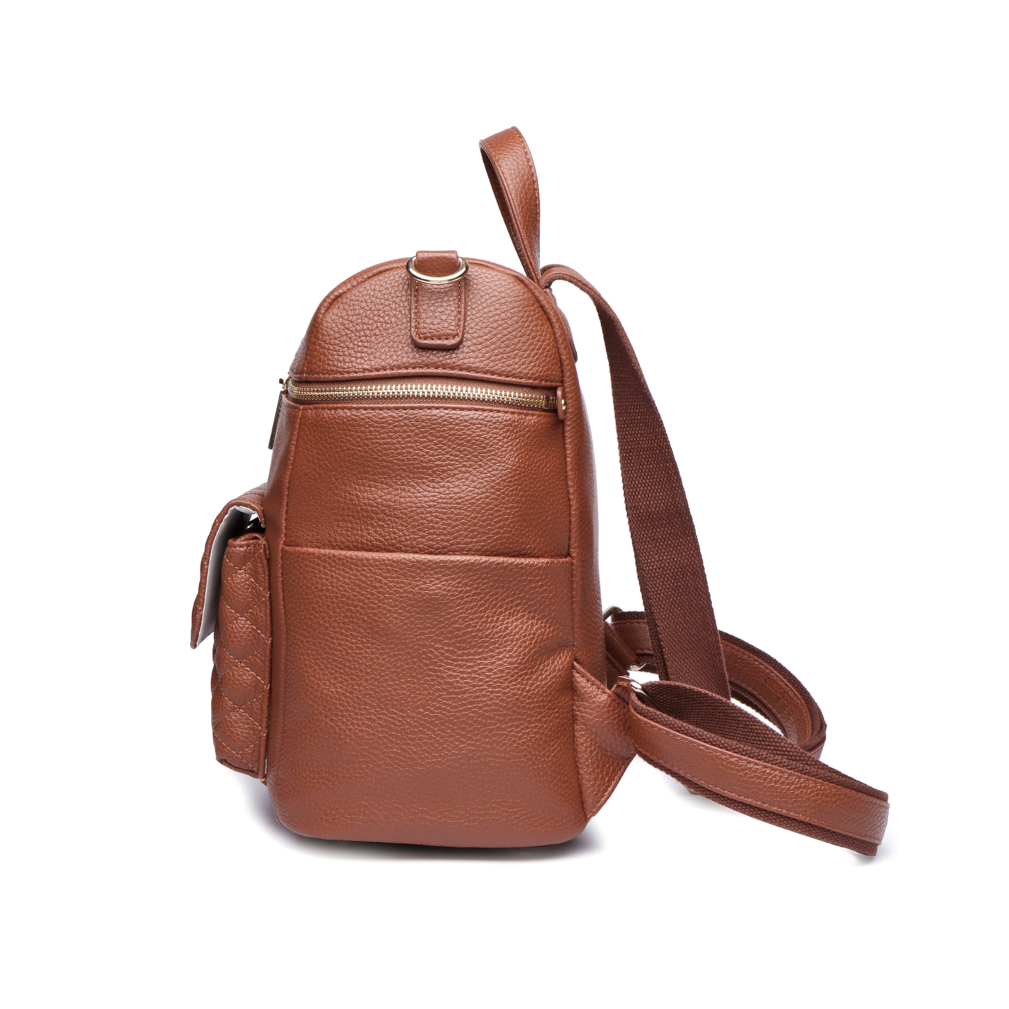Brown leather backpack on a white background