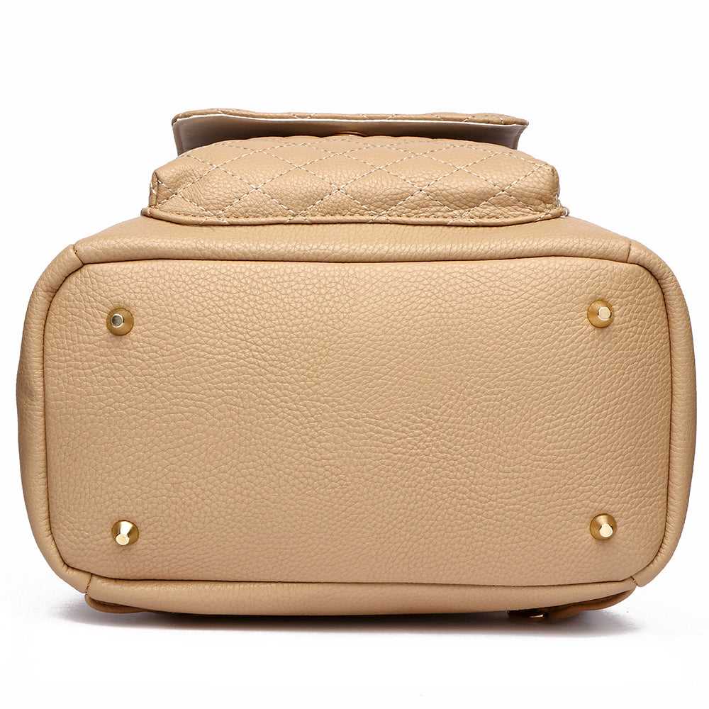 Beige handbag with gold accents on a white background