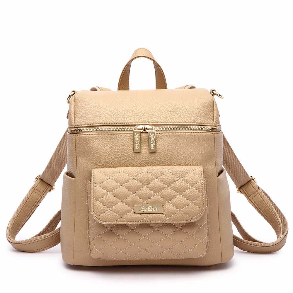 Beige backpack with a quilted pocket on a white background