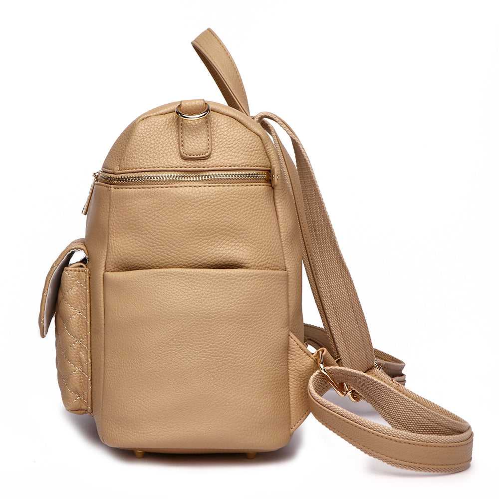 Beige backpack with a shoulder strap on a white background