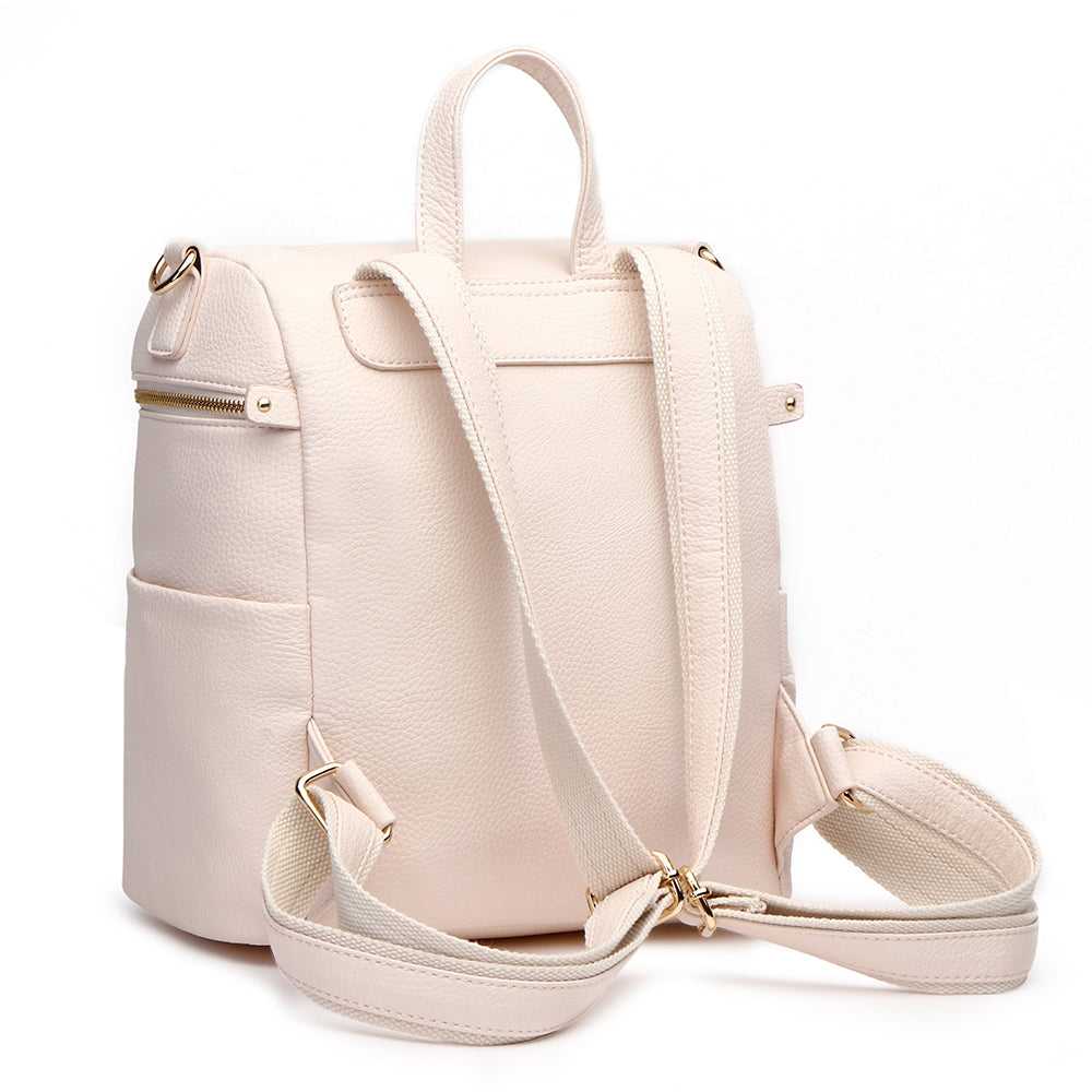 Beige backpack with gold zippers on a white background