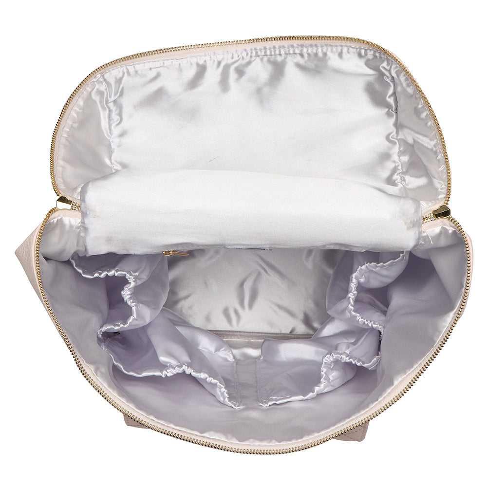 Open handbag with white interior lining and gold zipper on a white background