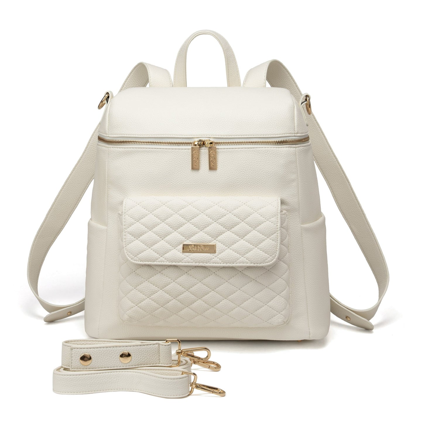 White quilted backpack with gold accents on a white background